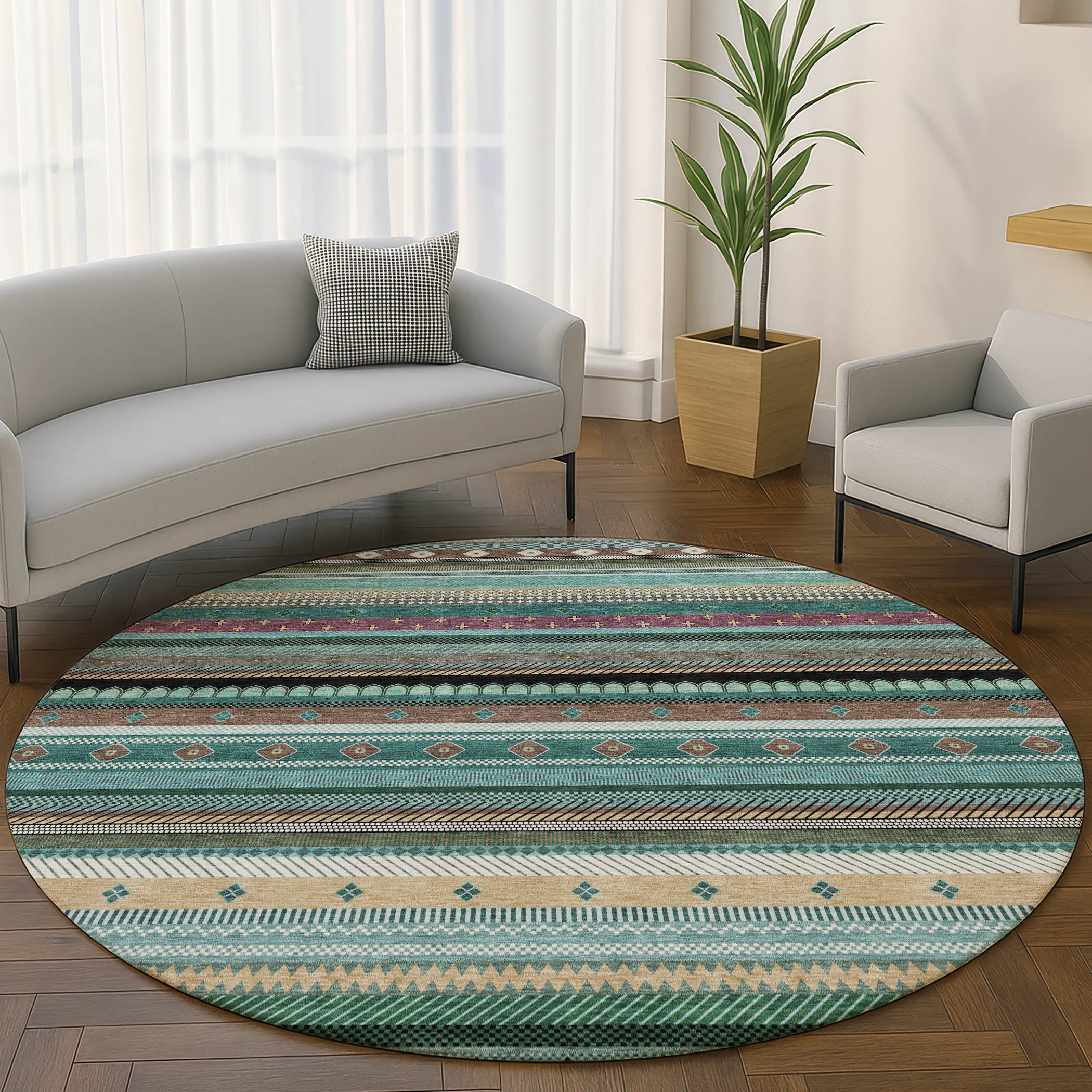 Lisbon Machine Washable Transitional Teal Rug 8' x 8' #shape_Round