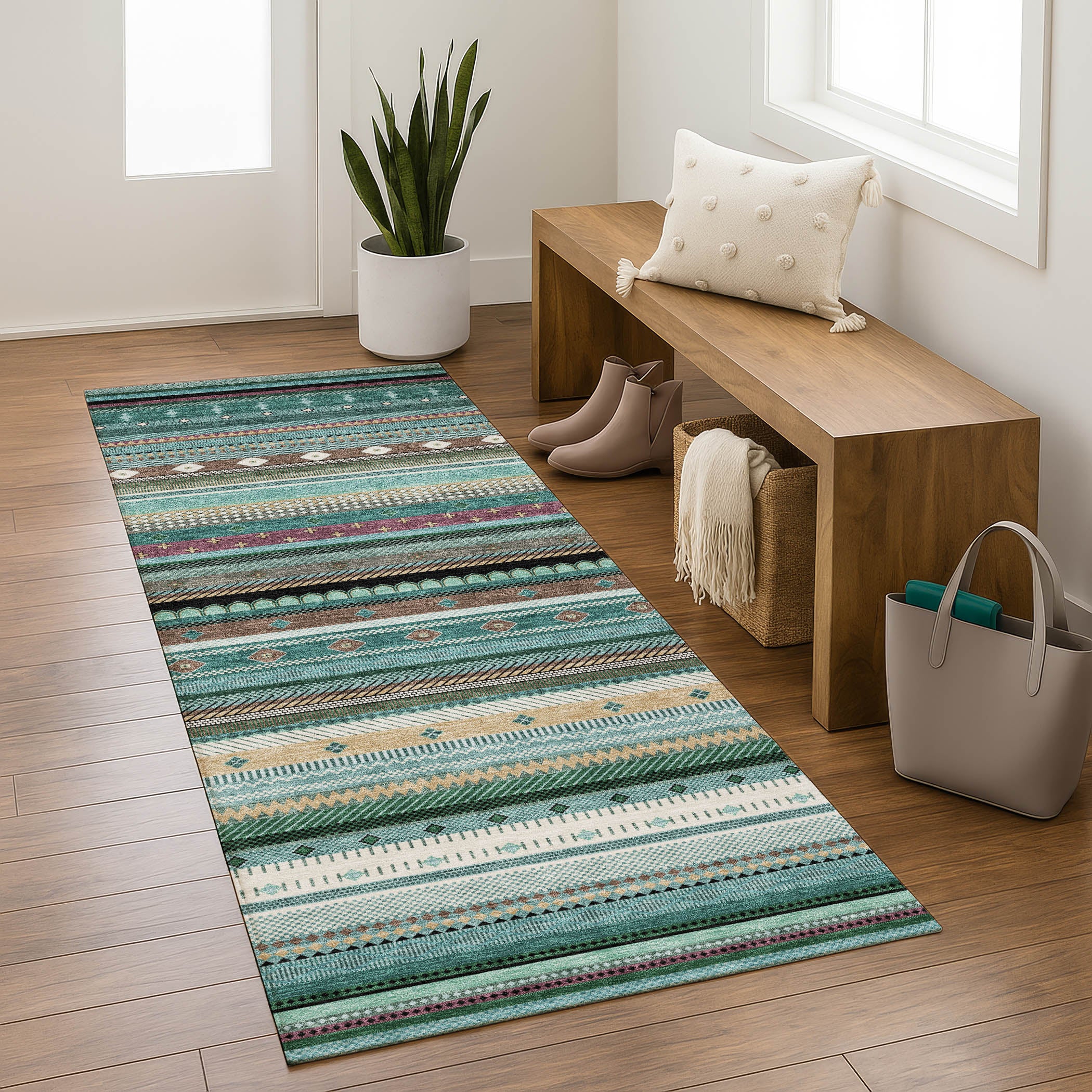 Lisbon Machine Washable Transitional Teal Rug 2'3" x 7'6" #shape_Runner