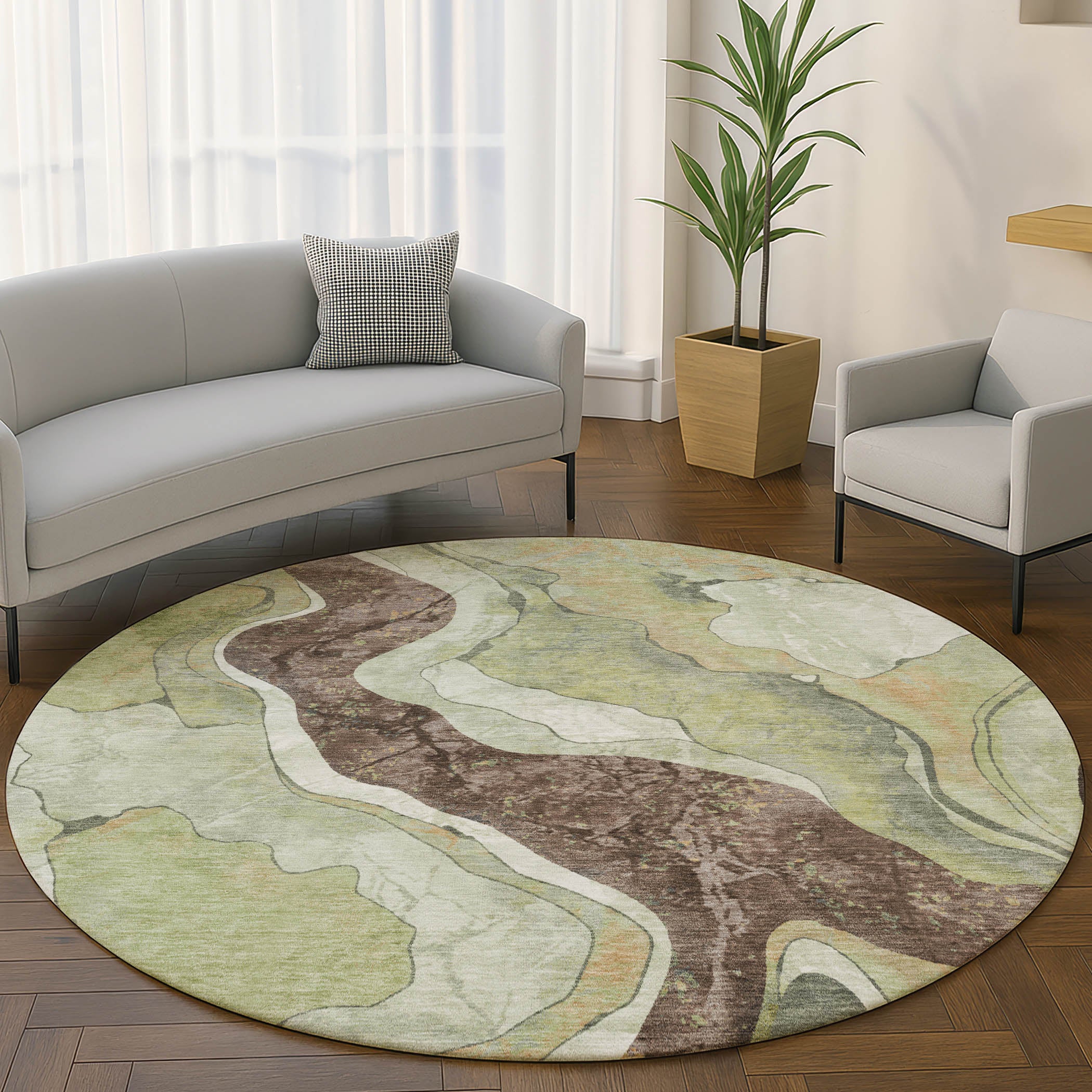 Split Machine Washable Transitional Aloe Green Rug 8' x 8' #shape_Round