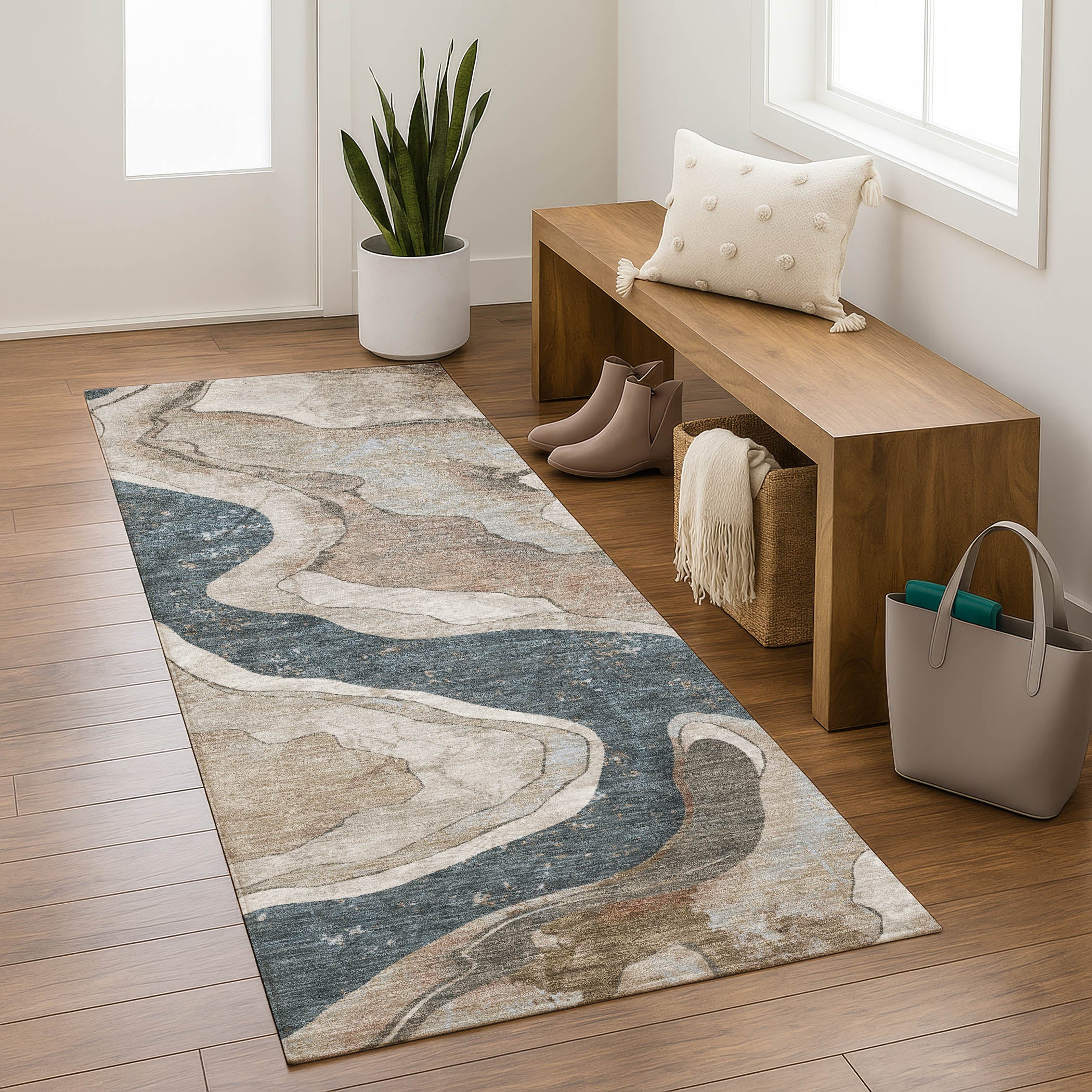 Split Machine Washable Transitional Beige Brown Rug 2'3" x 7'6" #shape_Runner