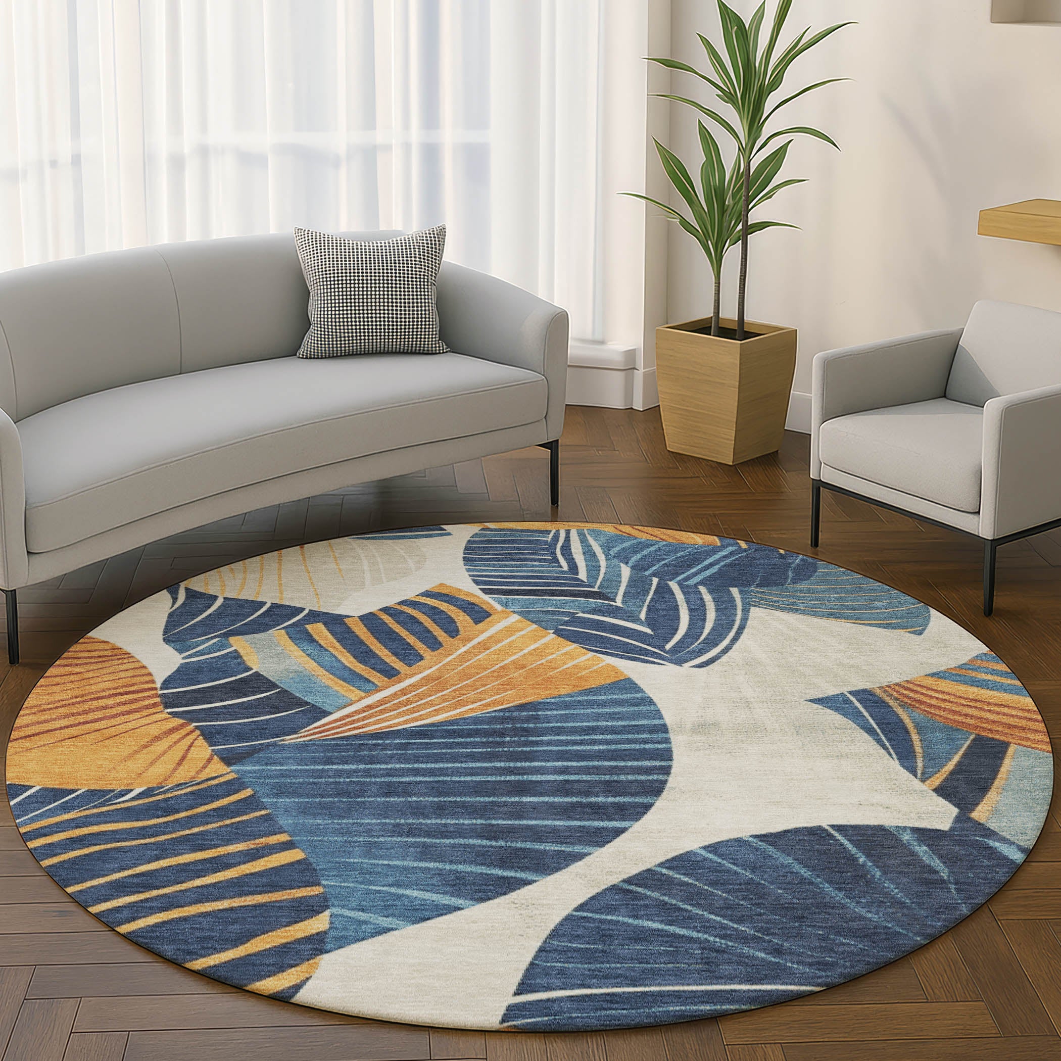 Colombo Machine Washable Transitional Navy Blue Rug 8' x 8' #shape_Round