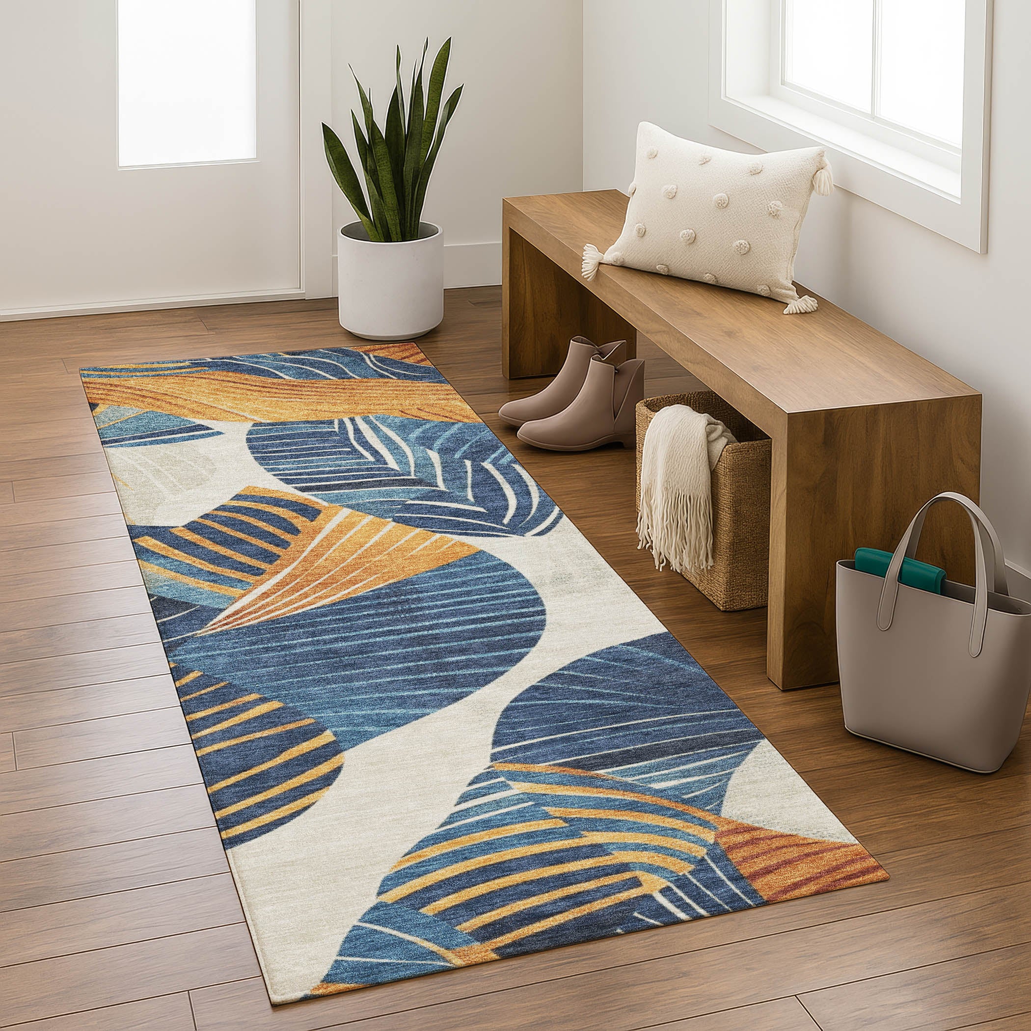 Colombo Machine Washable Transitional Navy Blue Rug 2'3" x 7'6" #shape_Runner