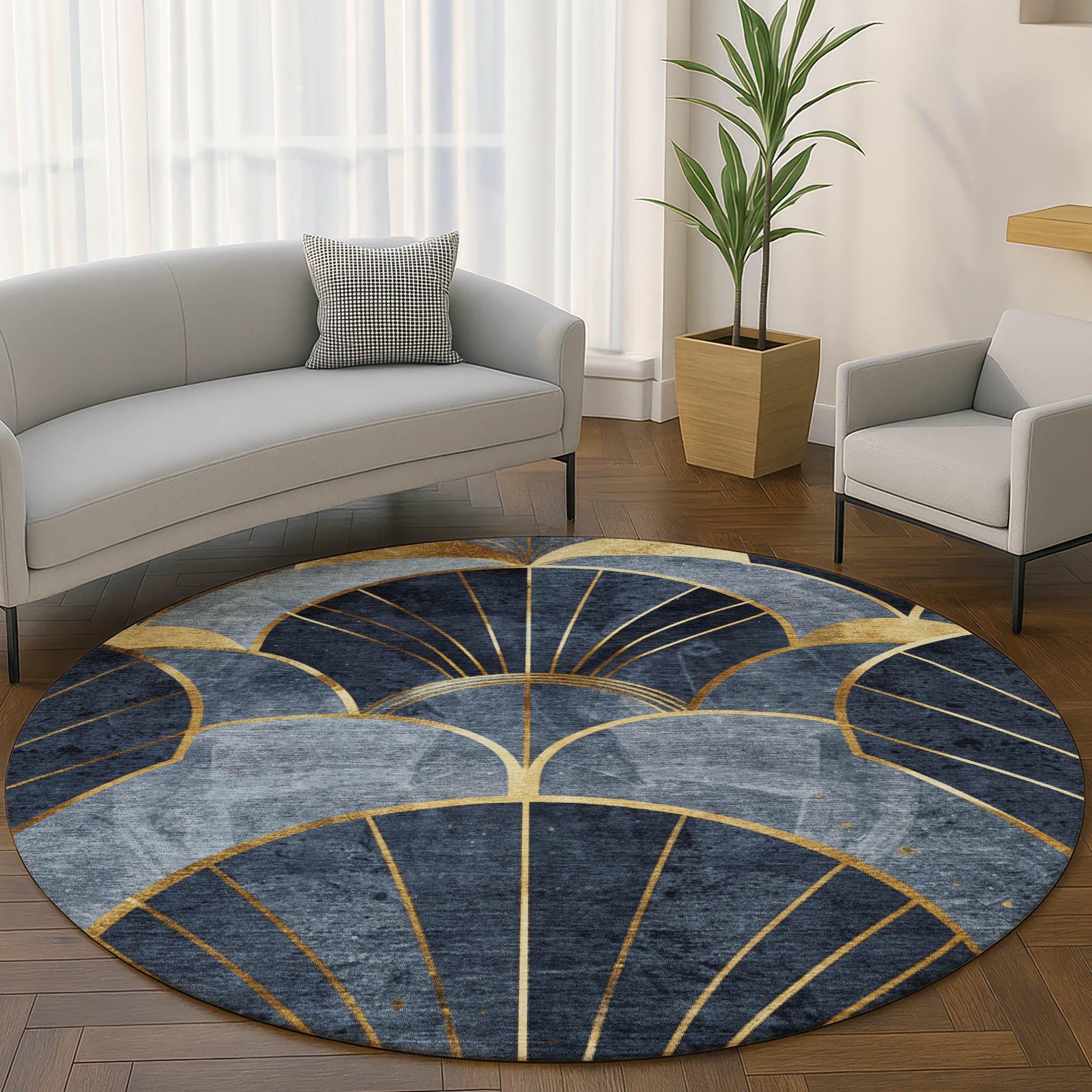 Santorini Machine Washable Transitional Navy Blue Rug 8' x 8' #shape_Round