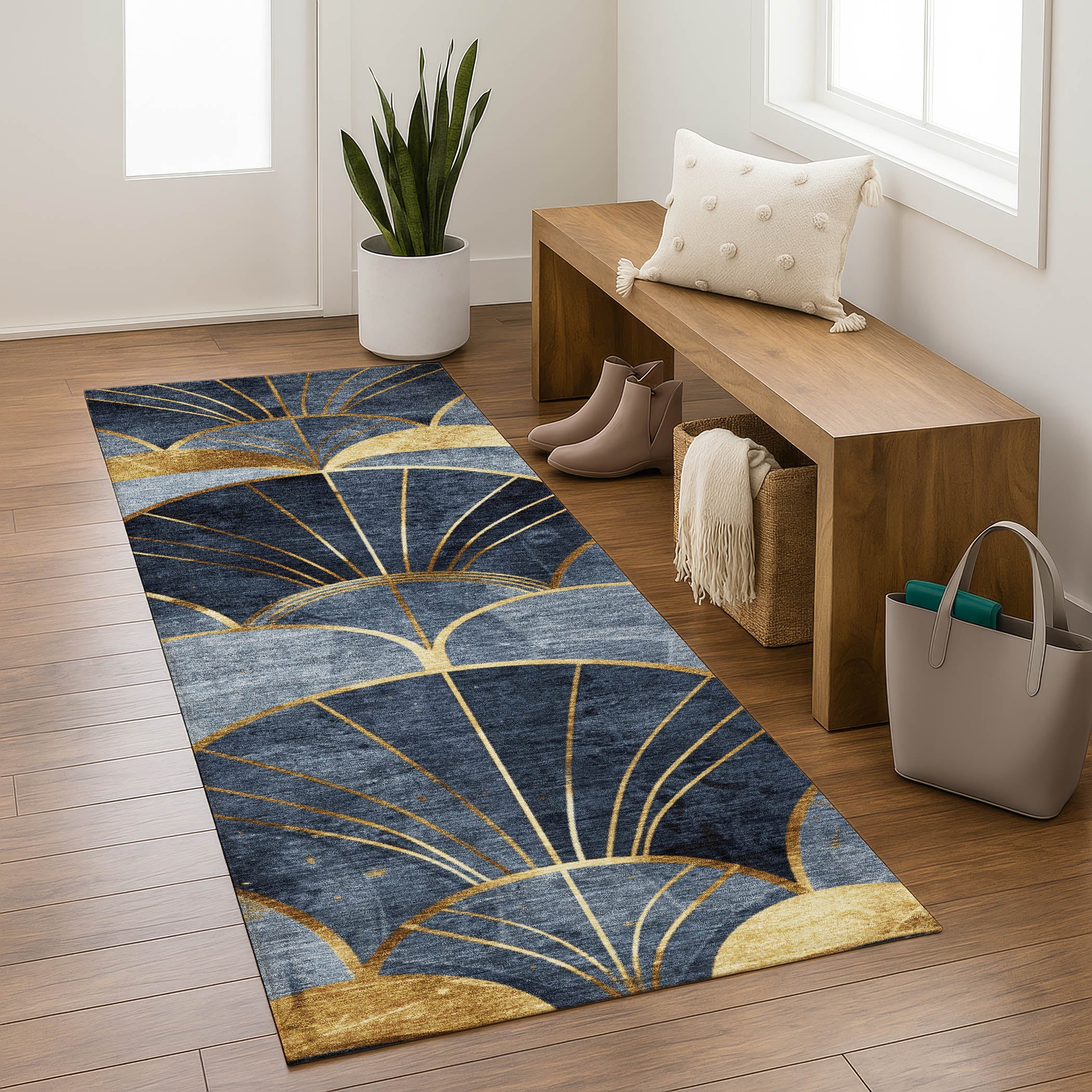 Santorini Machine Washable Transitional Navy Blue Rug 2'3" x 7'6" #shape_Runner