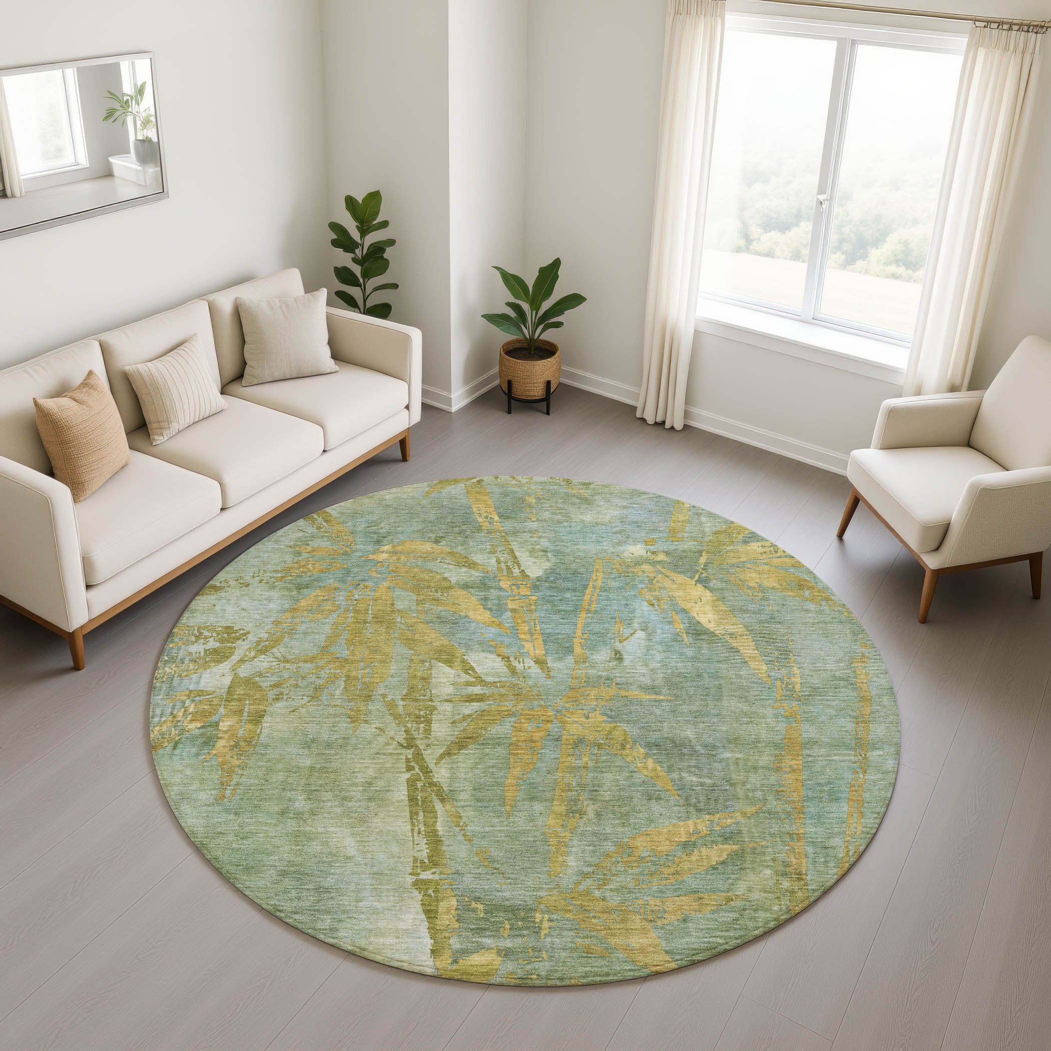 Vienna Machine Washable Transitional Aloe Green Rug 8' x 8' #shape_Round