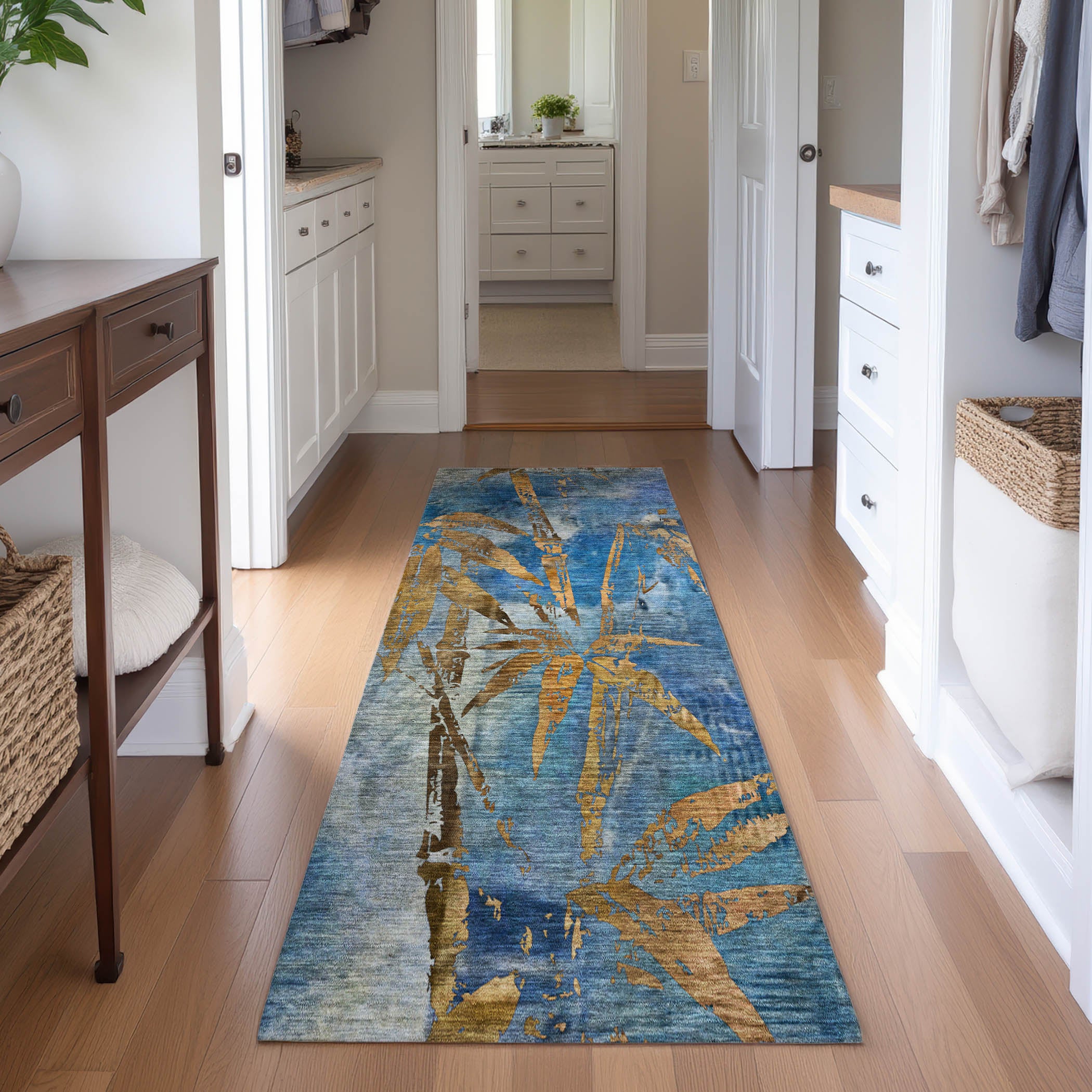 Vienna Machine Washable Transitional Blue Rug 2'3" x 7'6" #shape_Runner