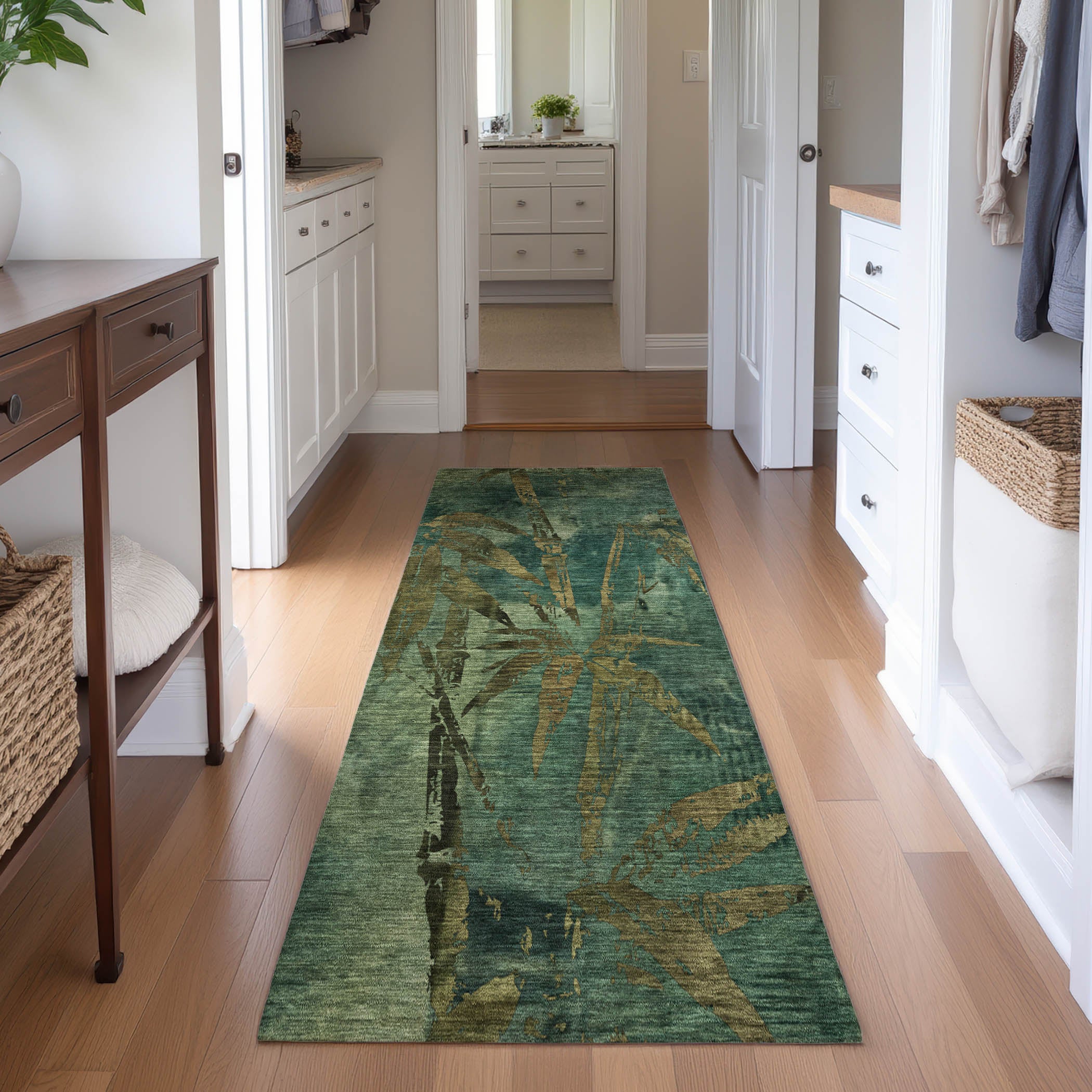Vienna Machine Washable Transitional Green Rug 2'3" x 7'6" #shape_Runner