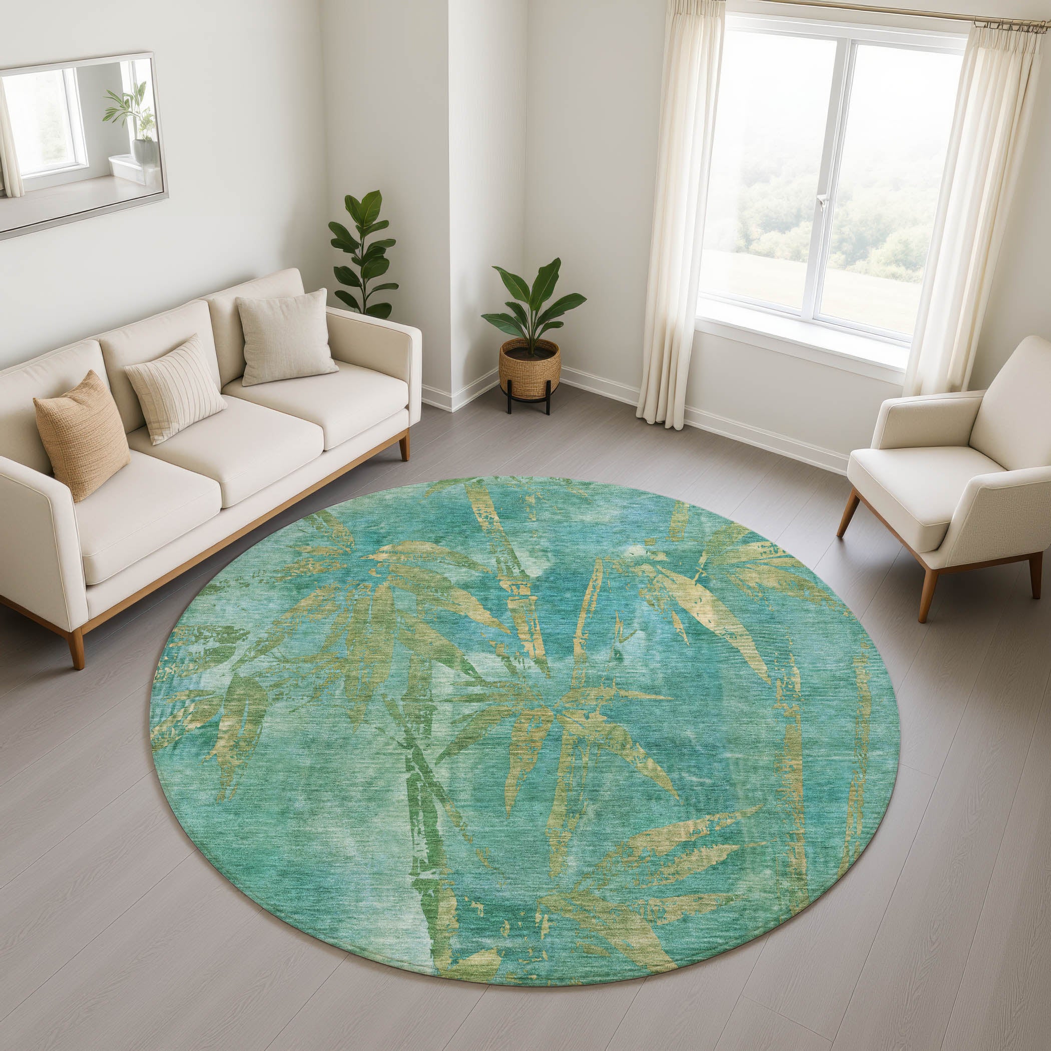 Vienna Machine Washable Transitional Teal Rug 8' x 8' #shape_Round