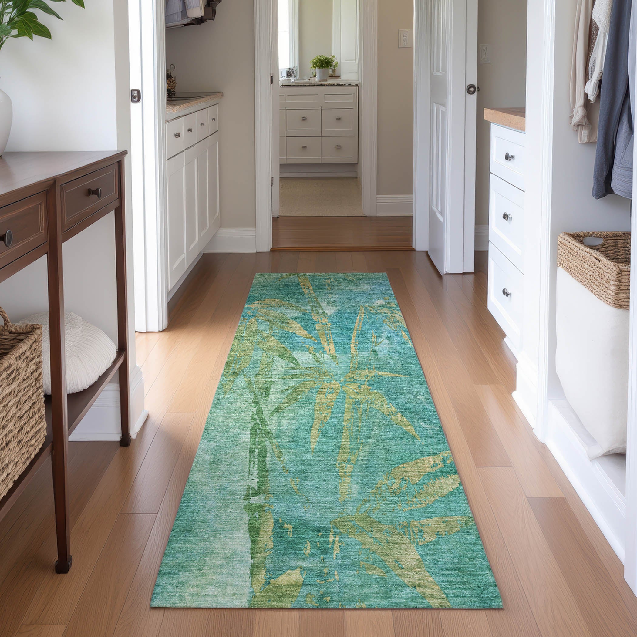 Vienna Machine Washable Transitional Teal Rug 2'3" x 7'6" #shape_Runner