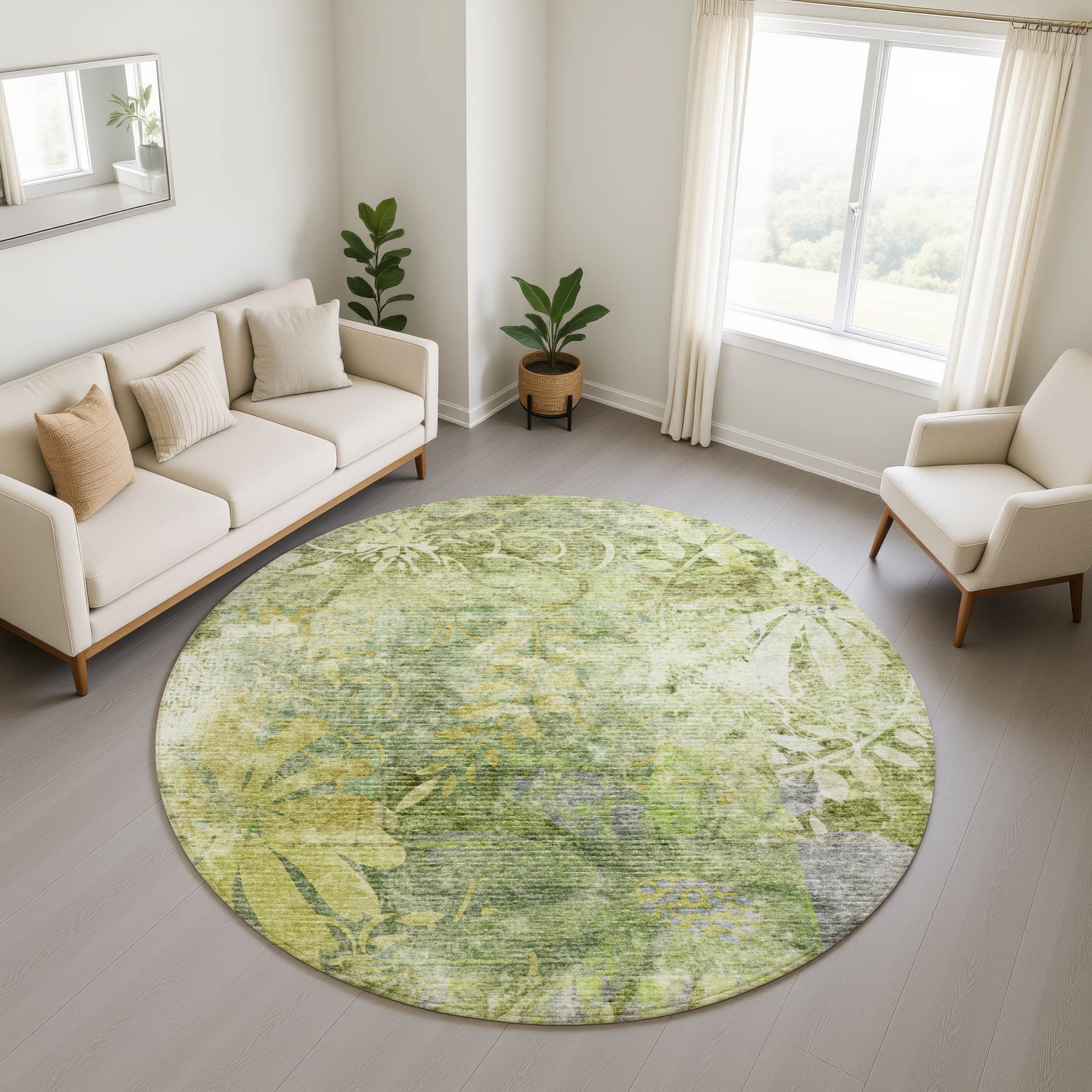 Lisbon Machine Washable Transitional Aloe Green Rug 8' x 8' #shape_Round