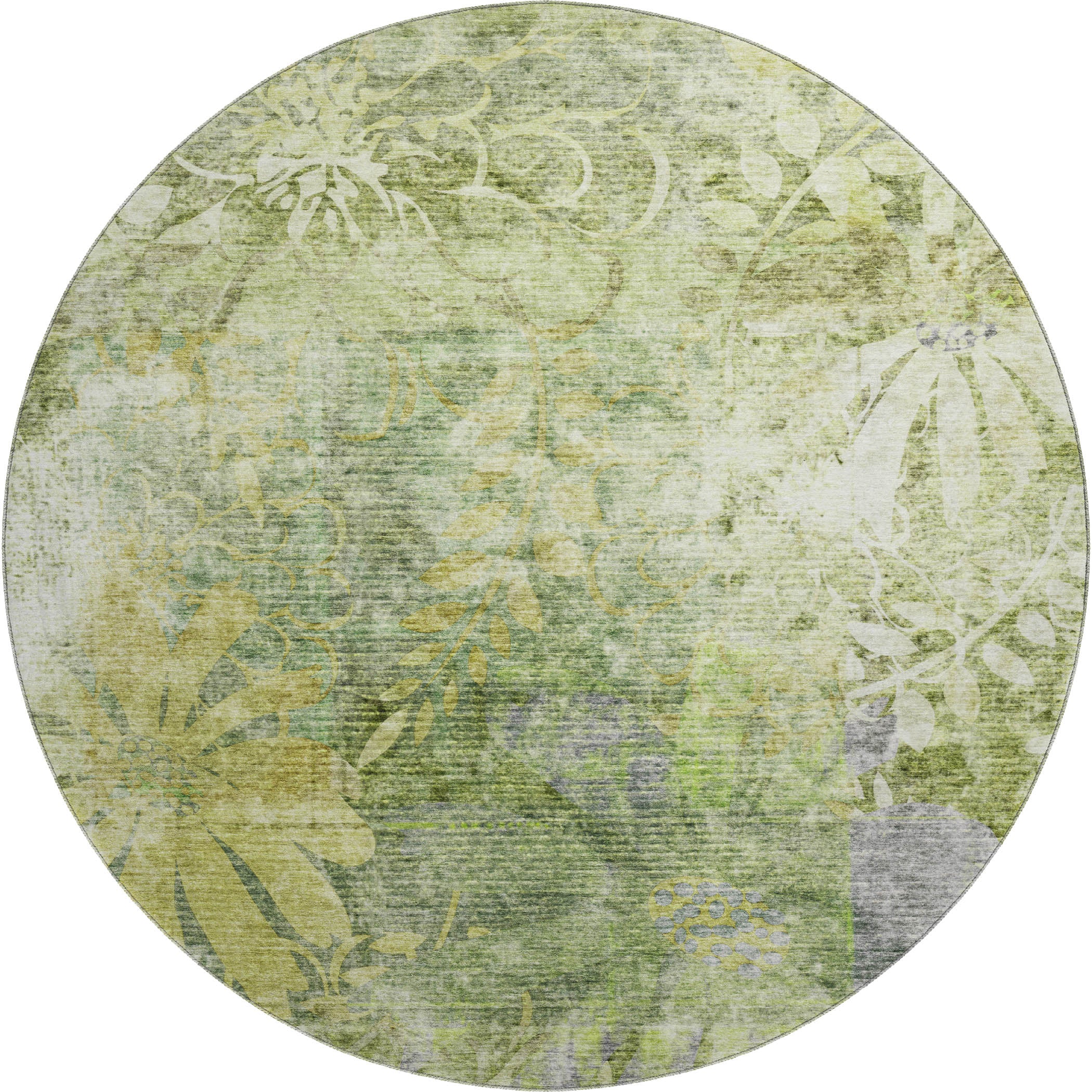 Lisbon Machine Washable Transitional Aloe Green Rug 8' x 8' #shape_Round