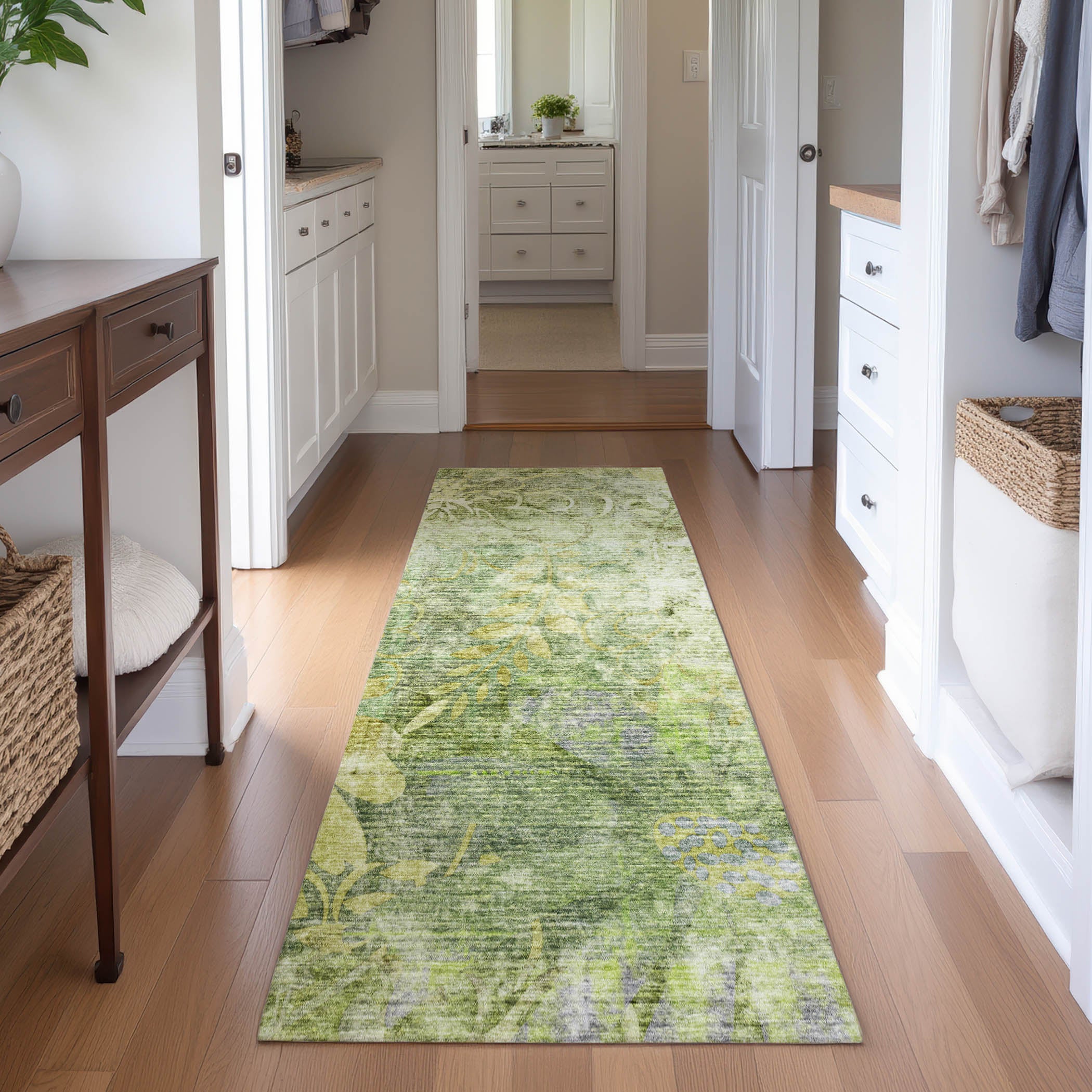Lisbon Machine Washable Transitional Aloe Green Rug 2'3" x 7'6" #shape_Runner