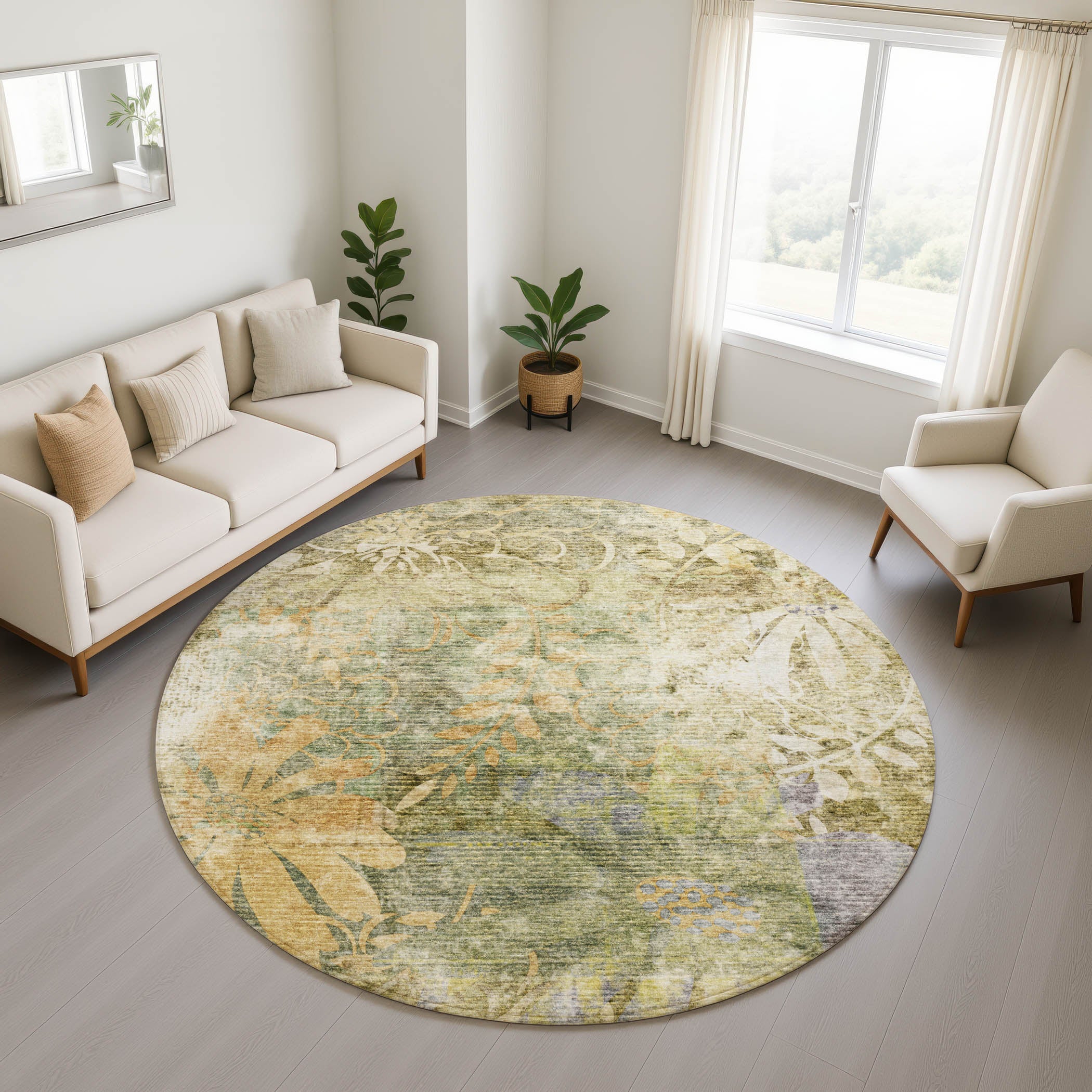 Lisbon Machine Washable Transitional Brown Rug 8' x 8' #shape_Round