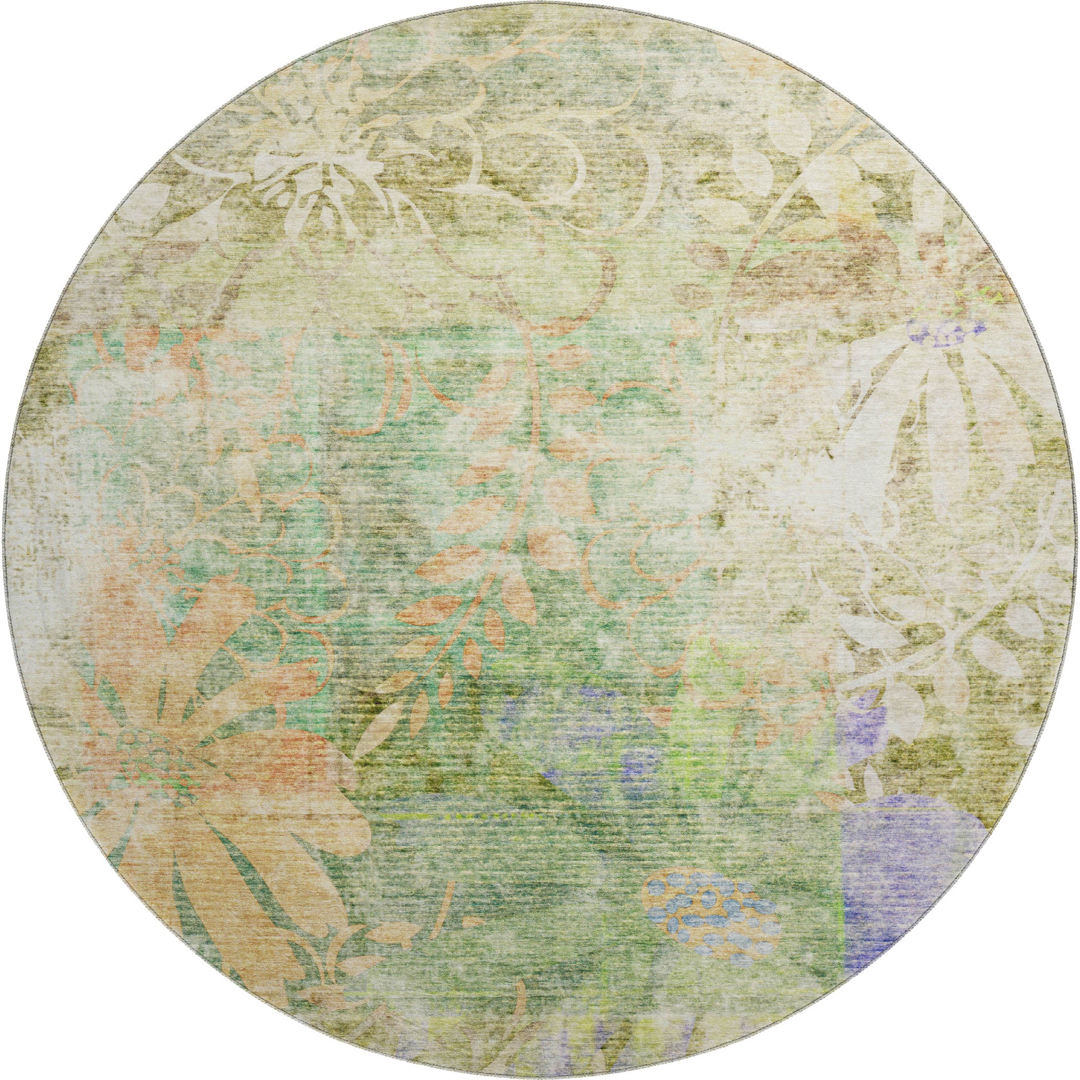 Lisbon Machine Washable Transitional Green Rug 8' x 8' #shape_Round