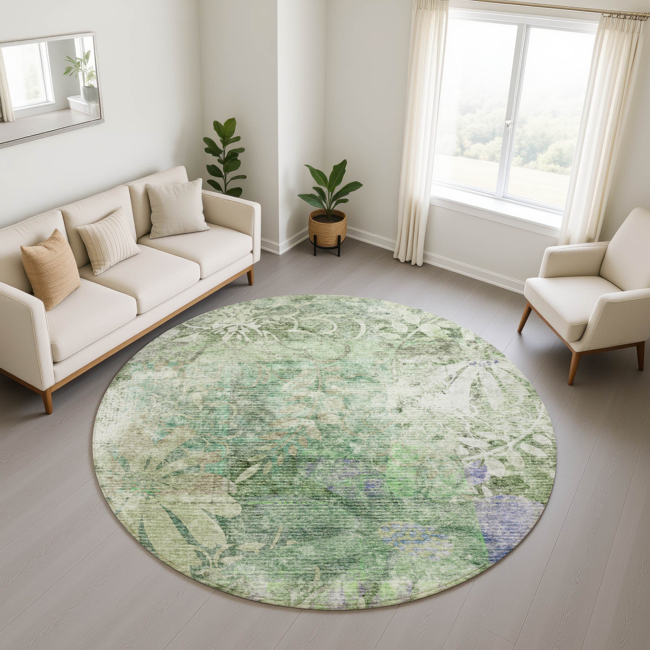 Lisbon Machine Washable Transitional Teal Rug 8' x 8' #shape_Round