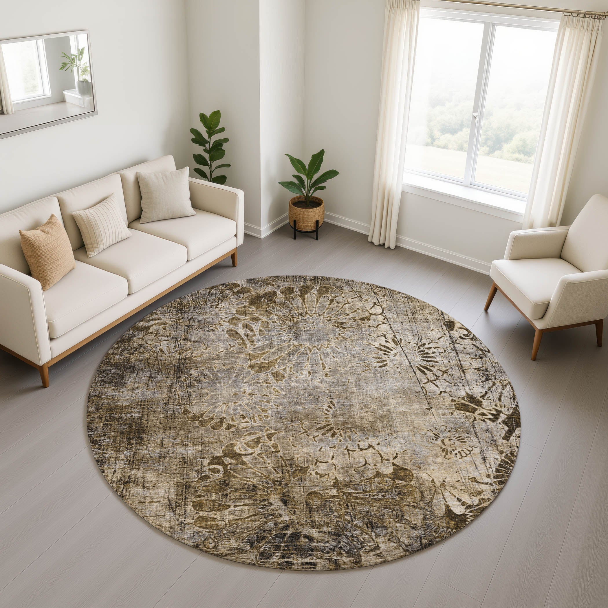 Hoi An Machine Washable Transitional Brown Rug 8' x 8' #shape_Round