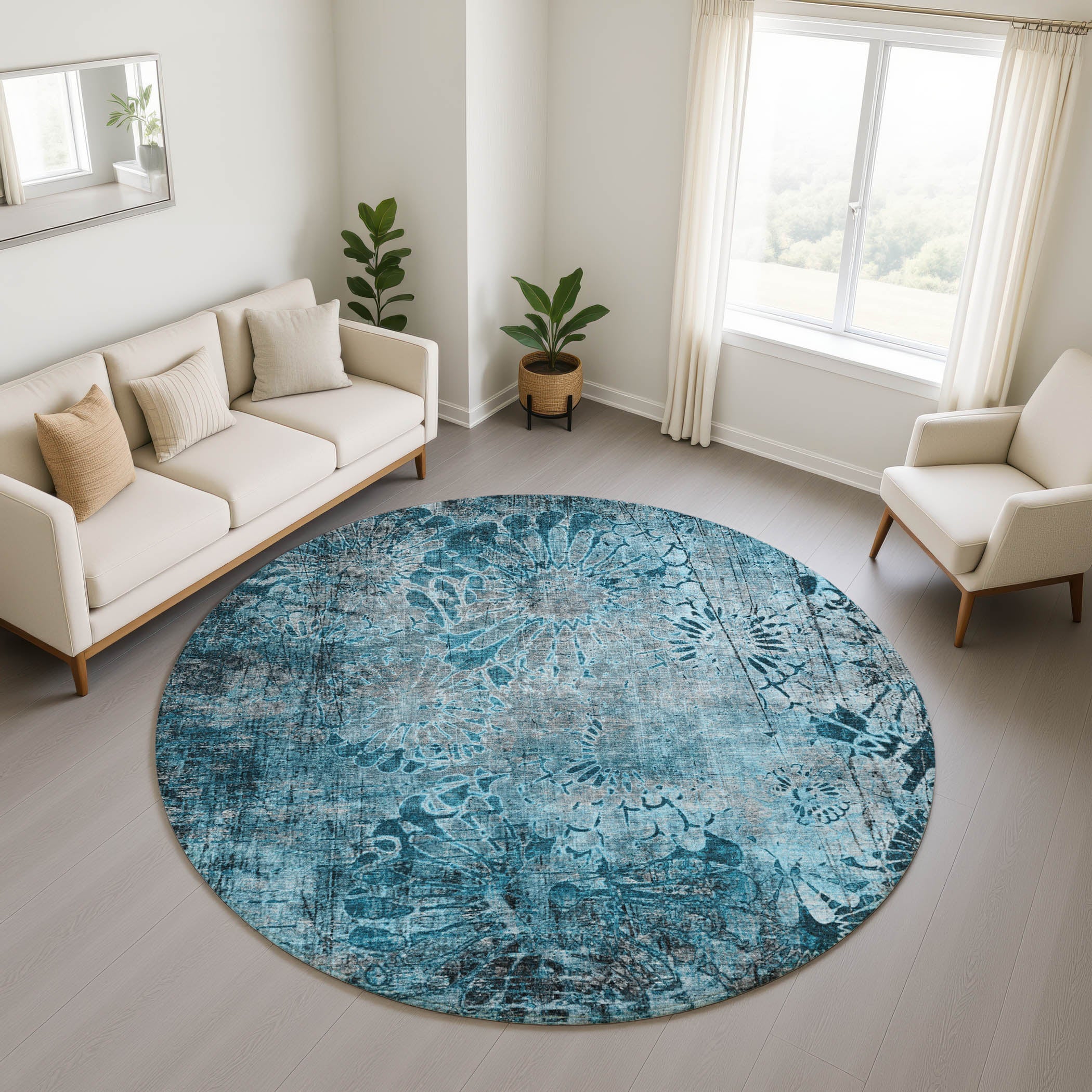 Hoi An Machine Washable Transitional Teal Rug 8' x 8' #shape_Round