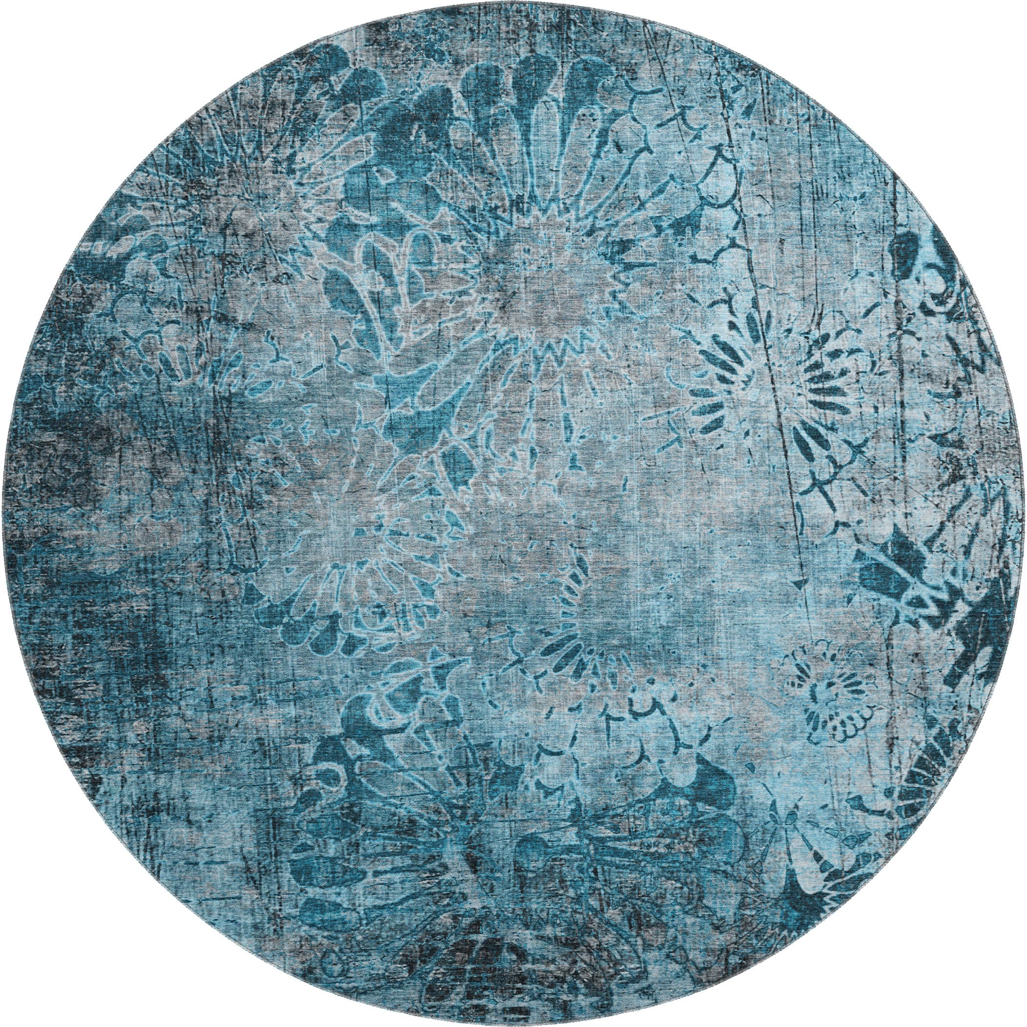 Hoi An Machine Washable Transitional Teal Rug 8' x 8' #shape_Round