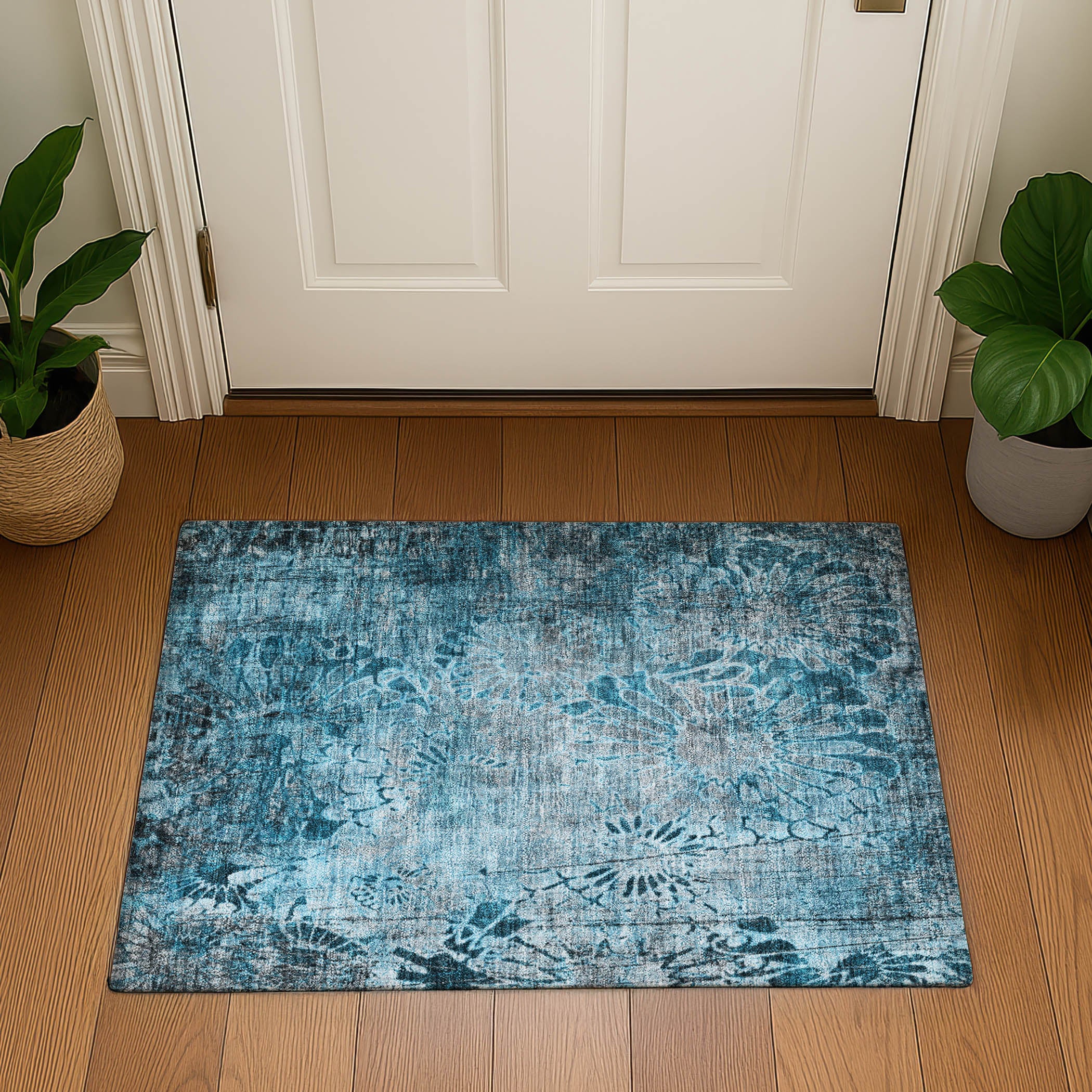 Hoi An Machine Washable Transitional Teal Rug 1'8" x 2'6" #shape_Rectangle