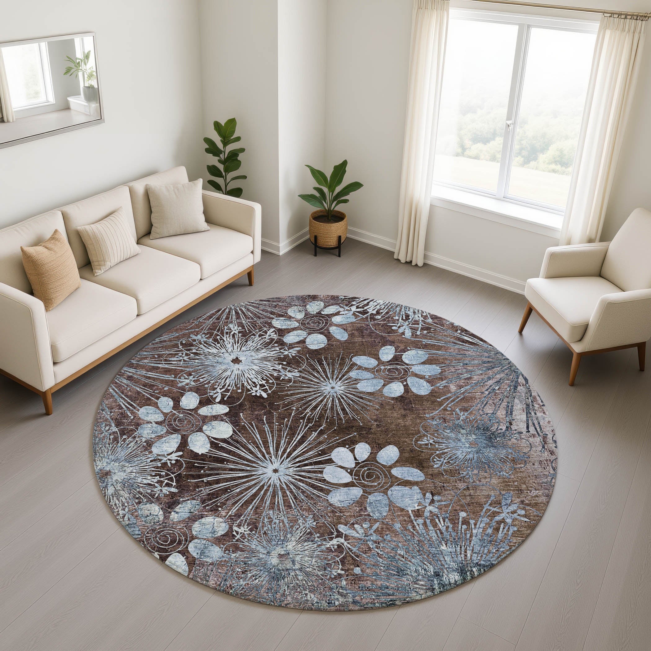 Tallinn Machine Washable Transitional Brown Rug 8' x 8' #shape_Round