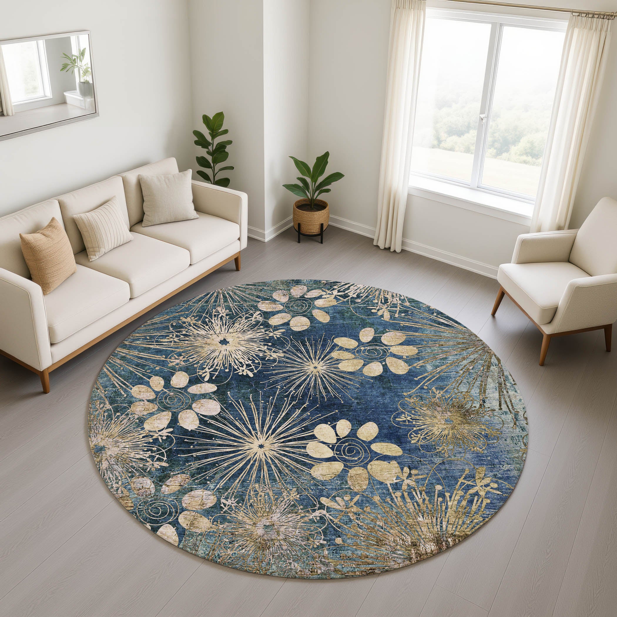 Tallinn Machine Washable Transitional Navy Blue Rug 8' x 8' #shape_Round