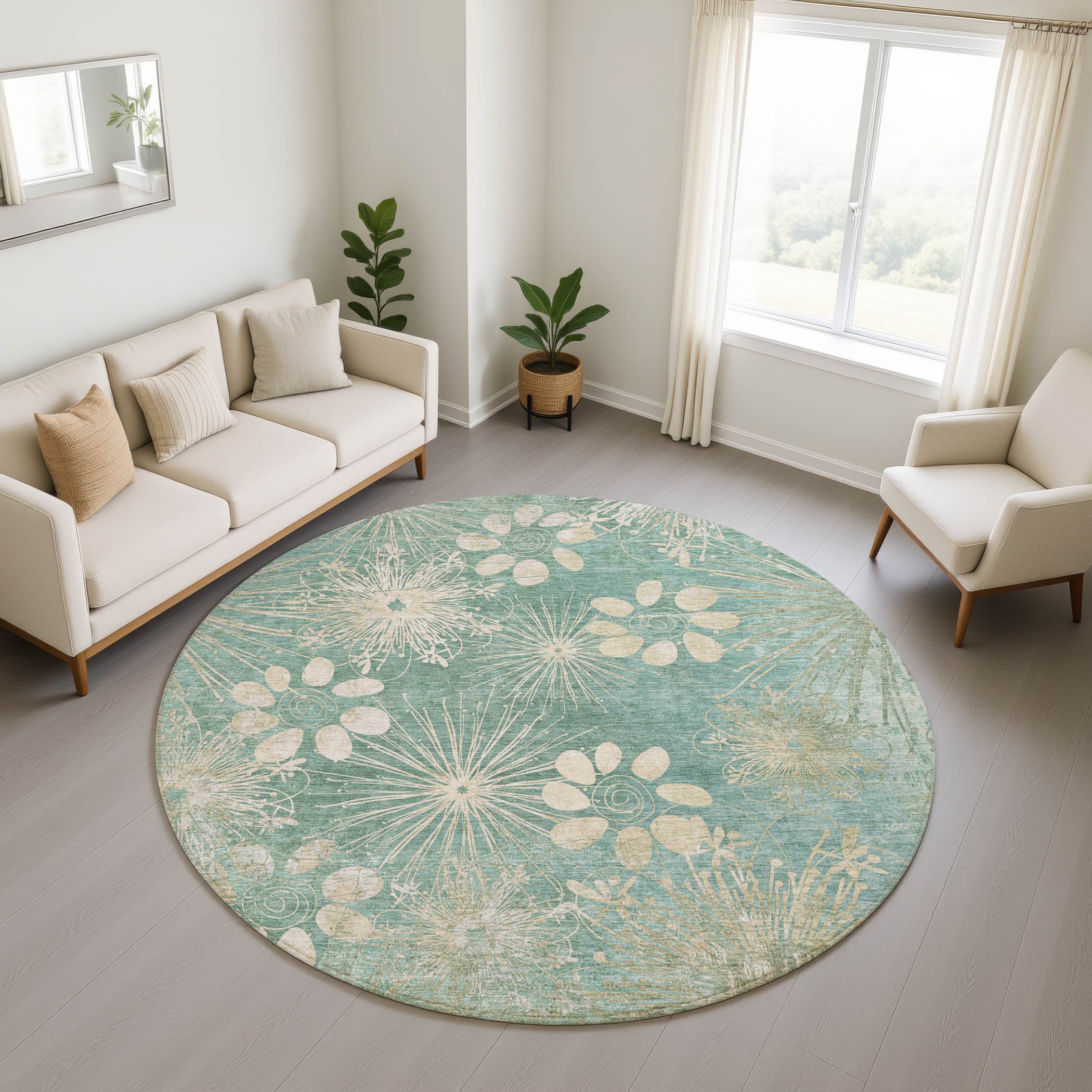 Tallinn Machine Washable Transitional Teal Rug 8' x 8' #shape_Round