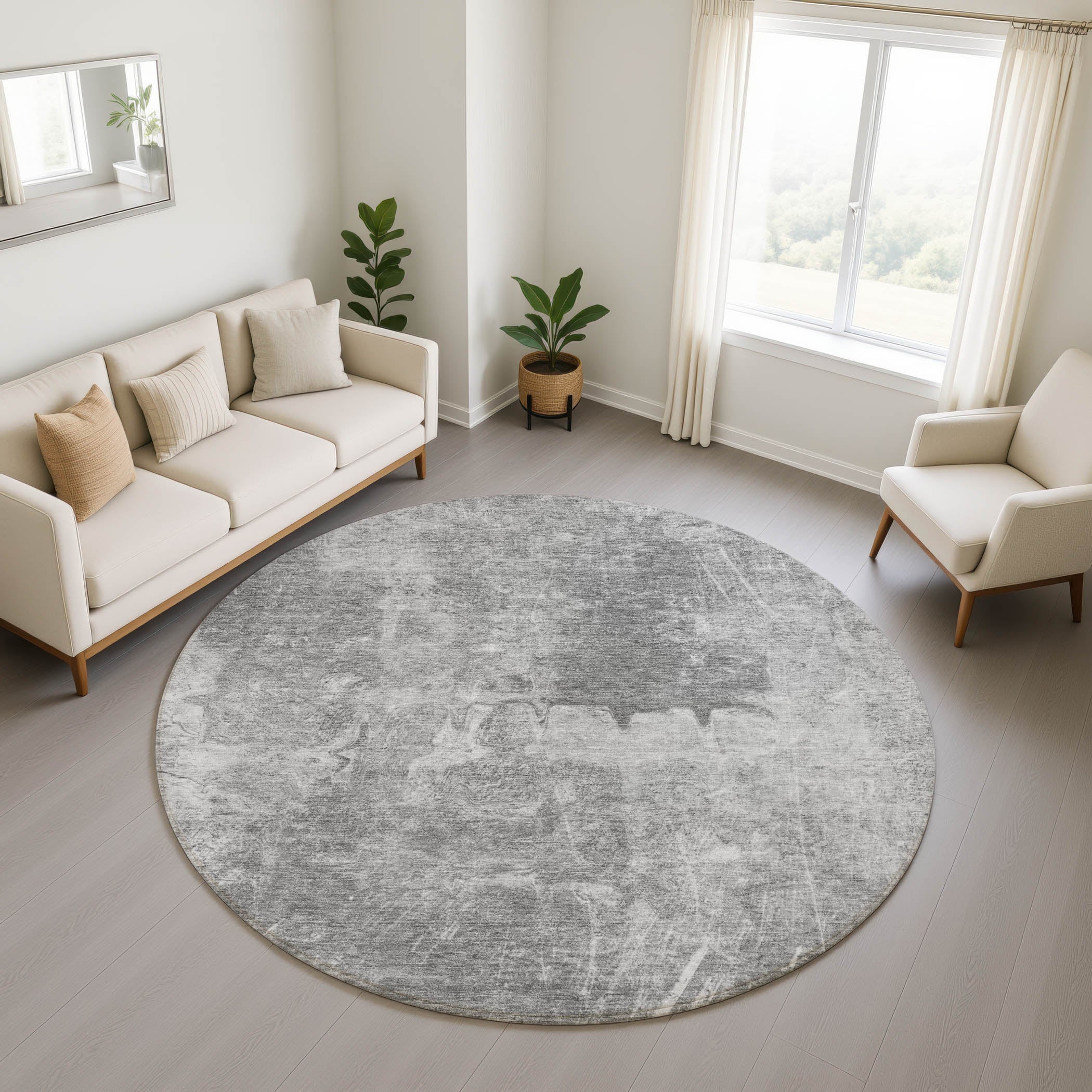 Oaxaca Machine Washable Transitional Gray Rug 8' x 8' #shape_Round