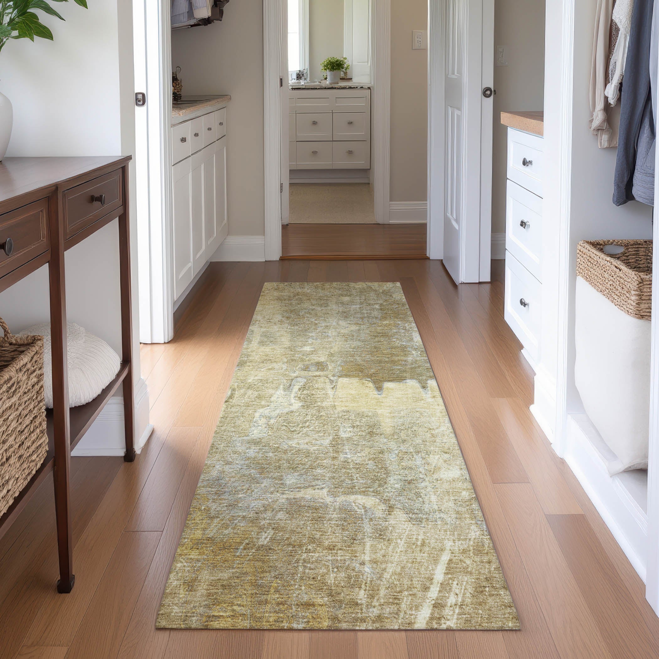 Oaxaca Machine Washable Transitional Khaki Brown Rug 2'3" x 7'6" #shape_Runner