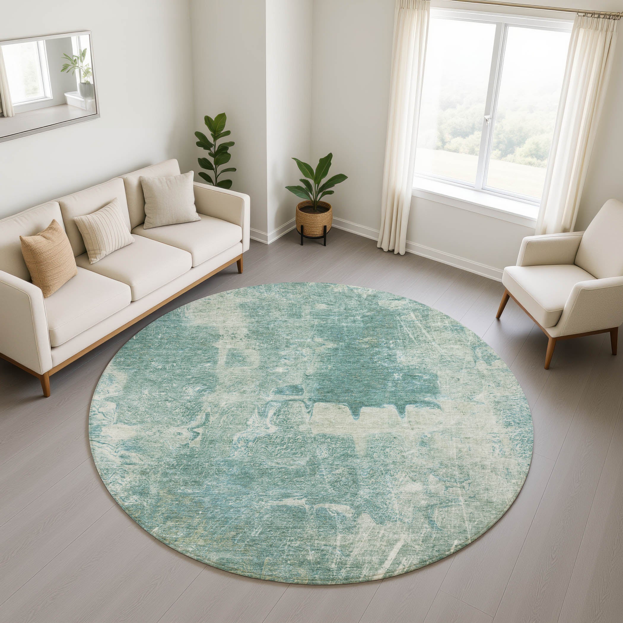 Oaxaca Machine Washable Transitional Teal Rug 8' x 8' #shape_Round