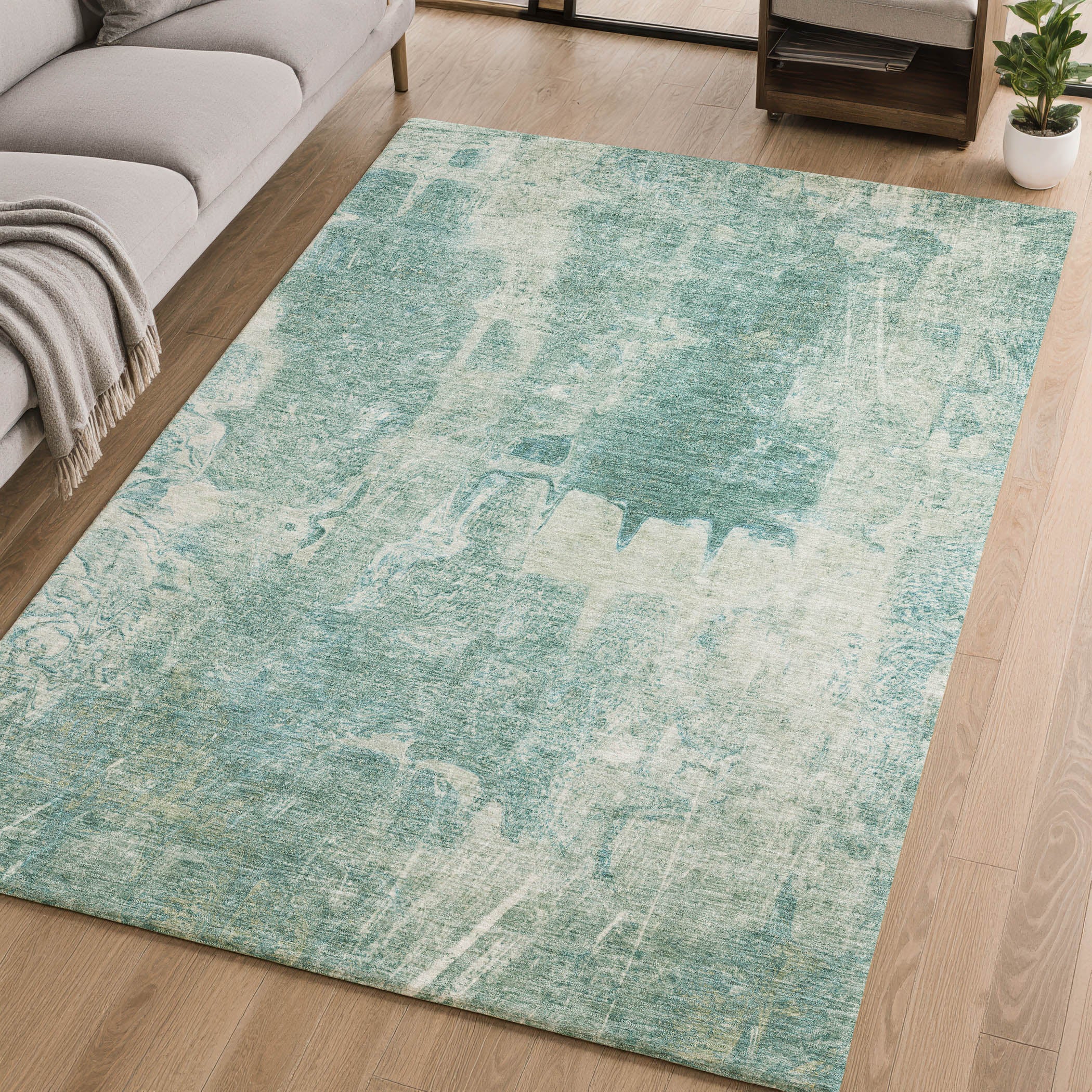 Oaxaca Machine Washable Transitional Teal Rug 2'6" x 3'10" #shape_Rectangle