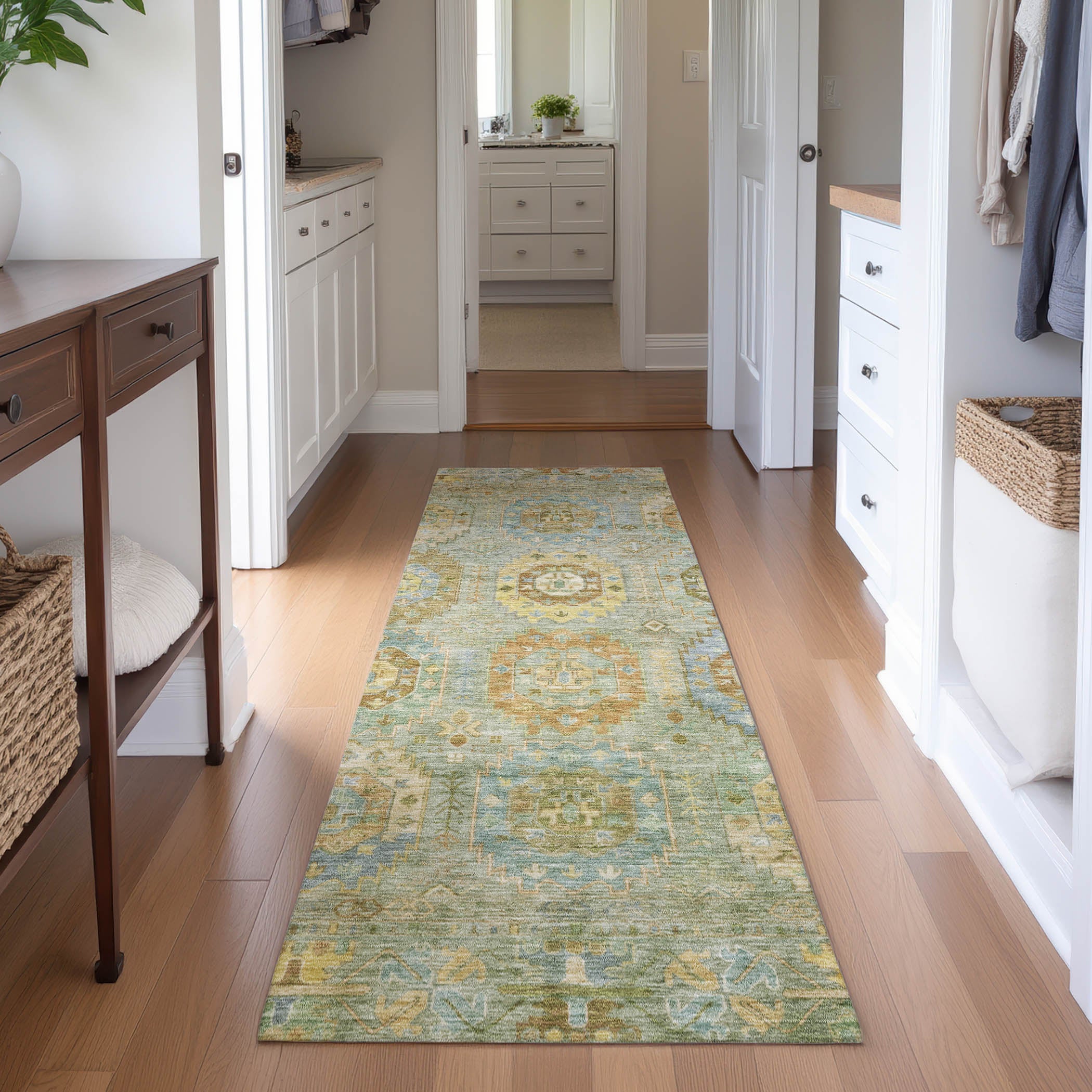 Cairo Machine Washable Traditional Aloe Green Rug 2'3" x 7'6" #shape_Runner