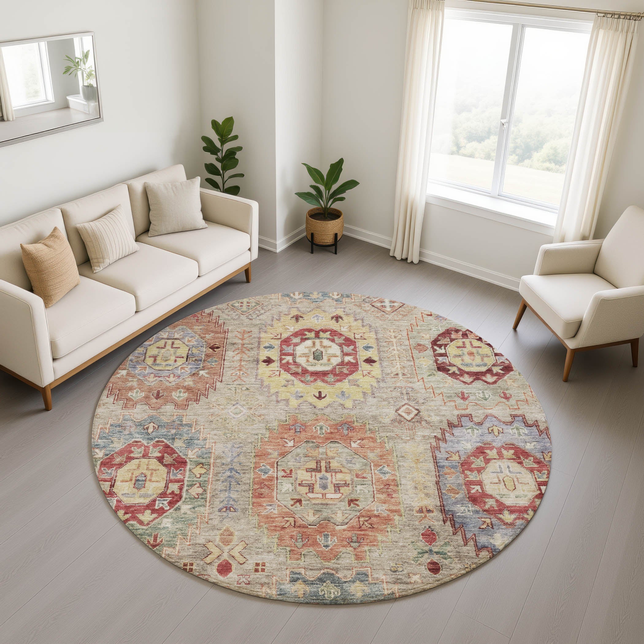 Cairo Machine Washable Traditional Beige Brown Rug 8' x 8' #shape_Round