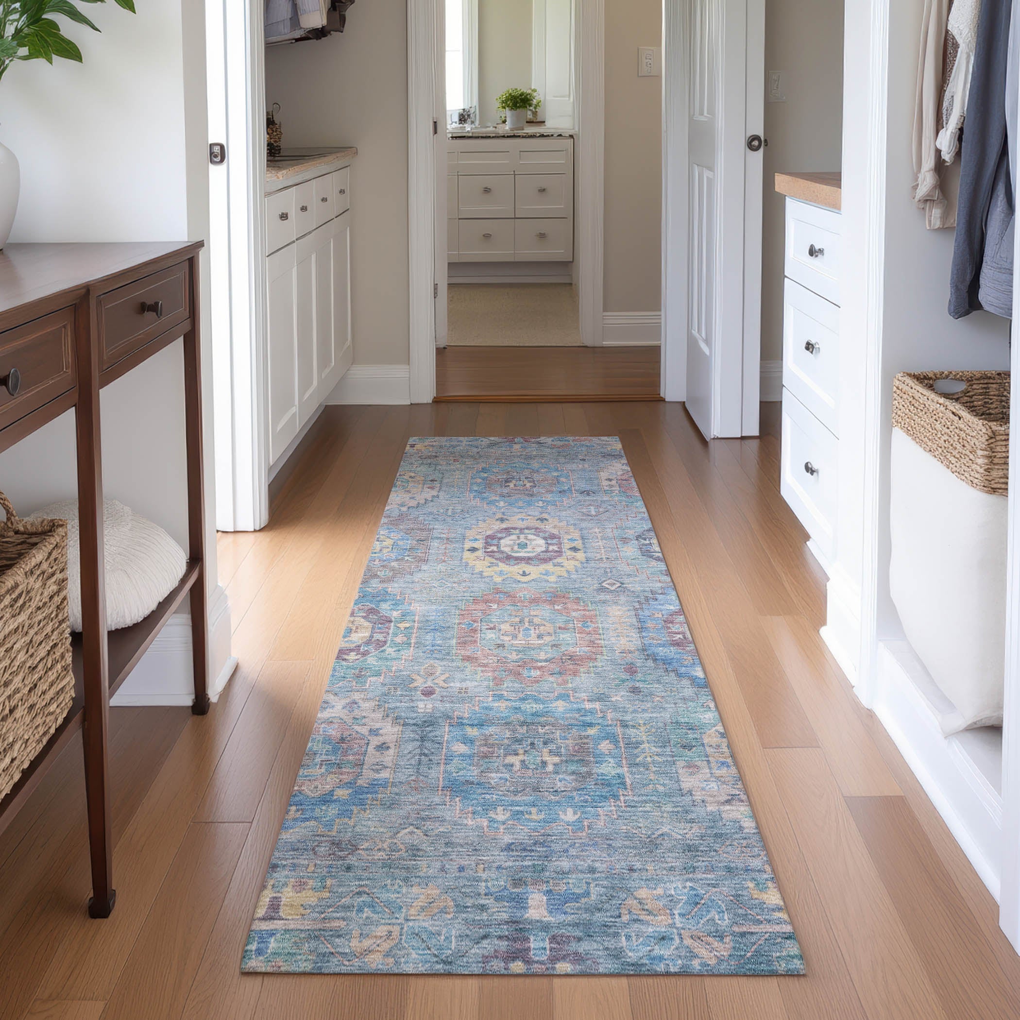 Cairo Machine Washable Traditional Blue Rug 2'3" x 7'6" #shape_Runner
