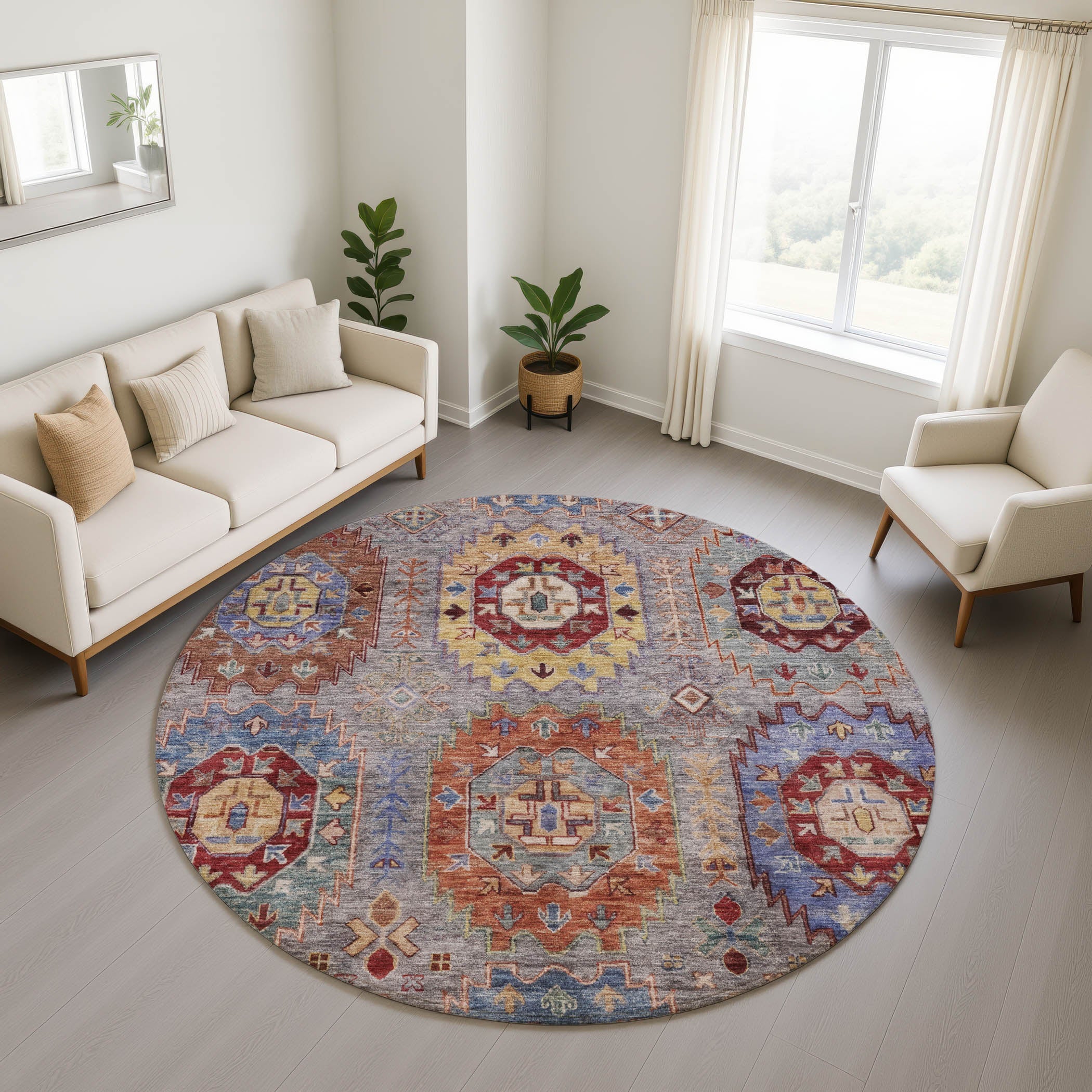 Cairo Machine Washable Traditional Gray Rug 8' x 8' #shape_Round
