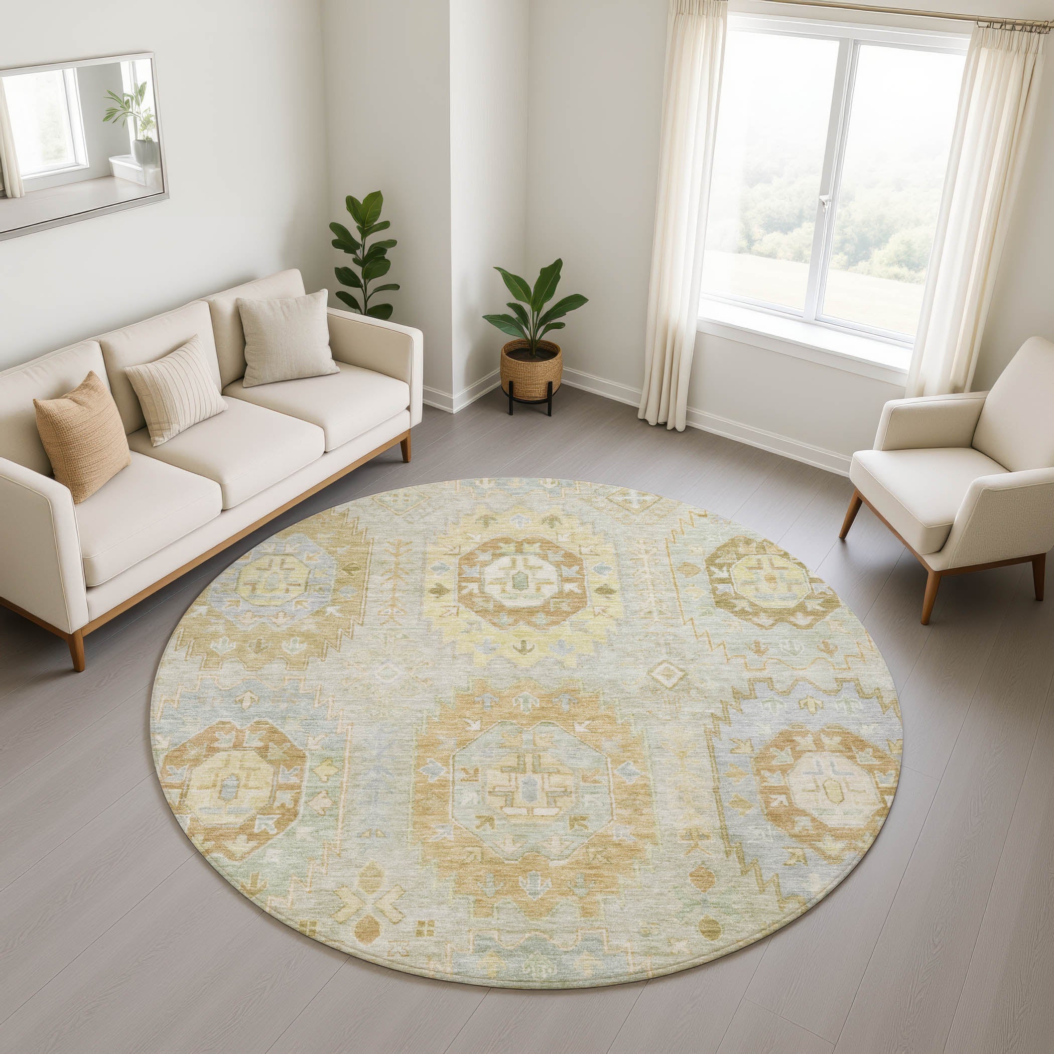 Cairo Machine Washable Traditional Sage Green Rug 8' x 8' #shape_Round