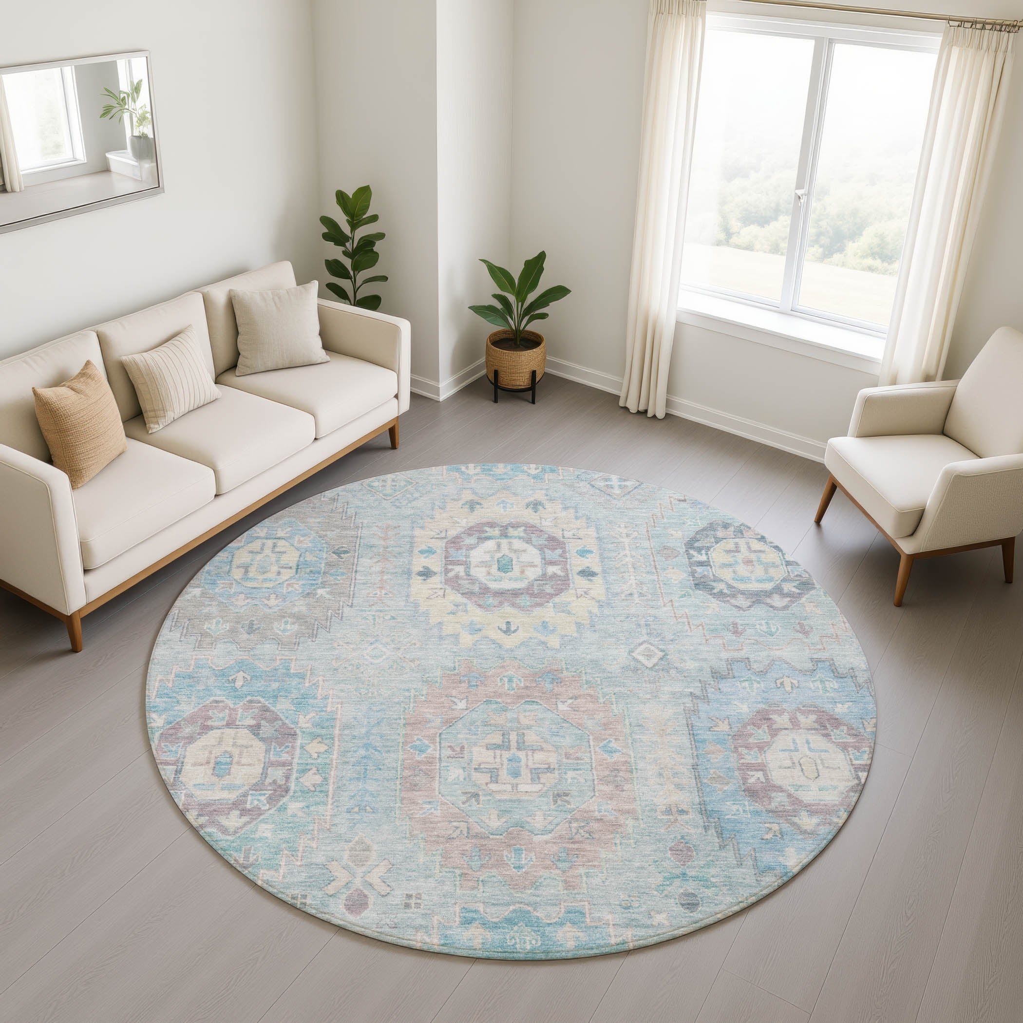 Cairo Machine Washable Traditional Sky Blue Rug 8' x 8' #shape_Round