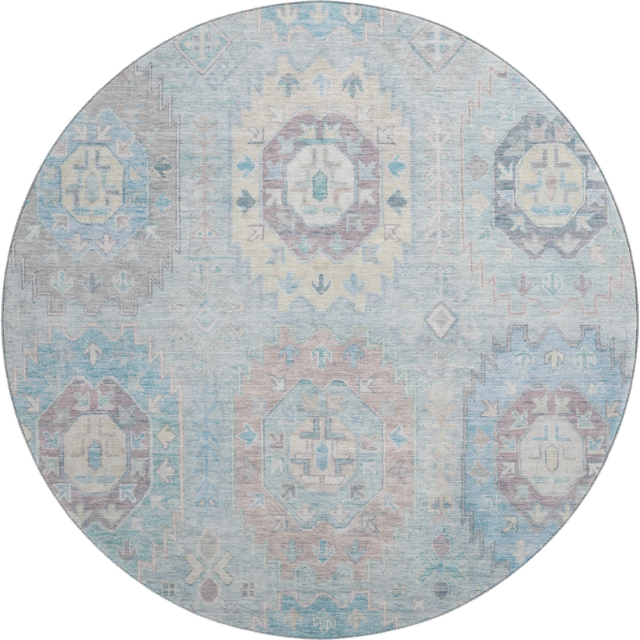 Cairo Machine Washable Traditional Sky Blue Rug 8' x 8' #shape_Round
