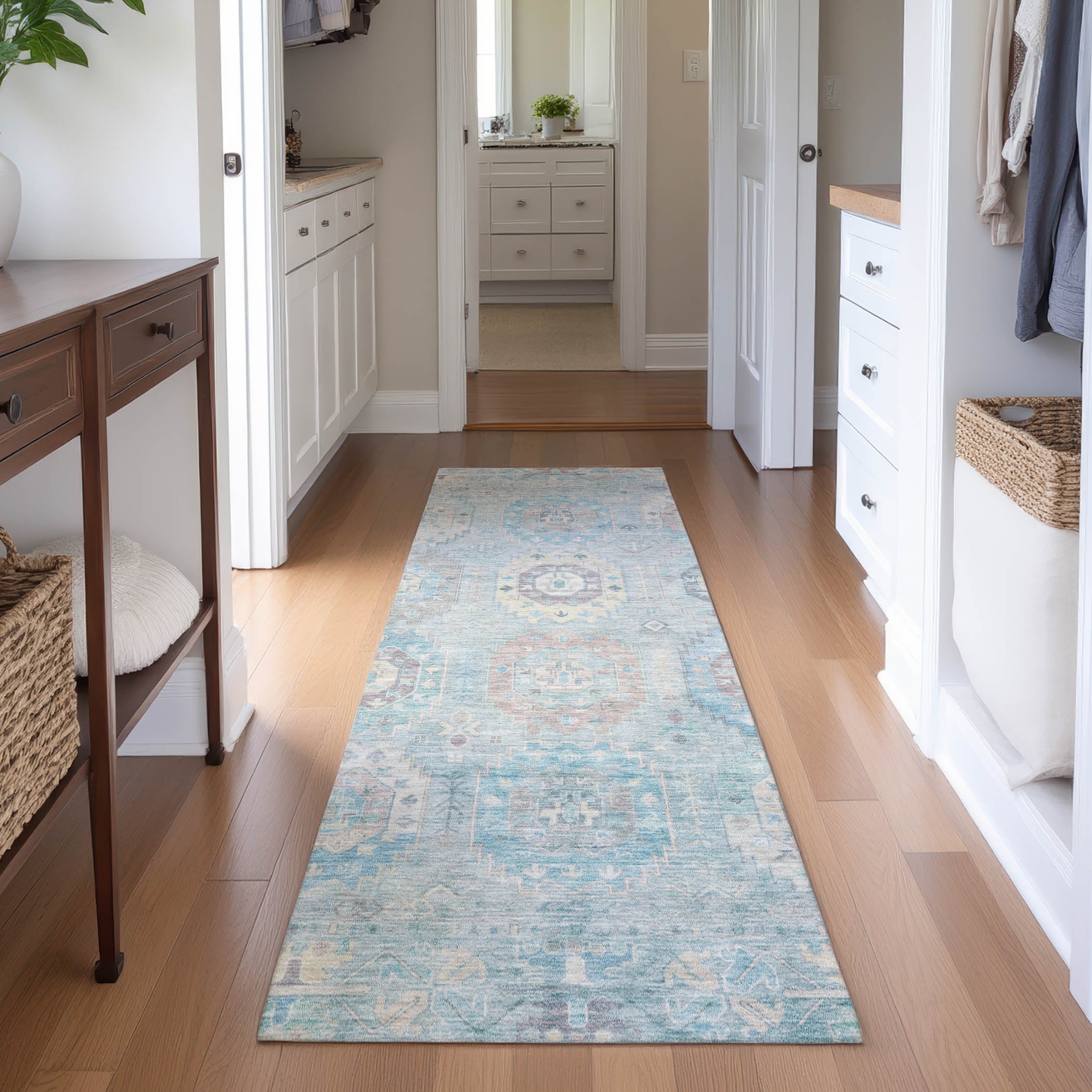 Cairo Machine Washable Traditional Sky Blue Rug 2'3" x 7'6" #shape_Runner