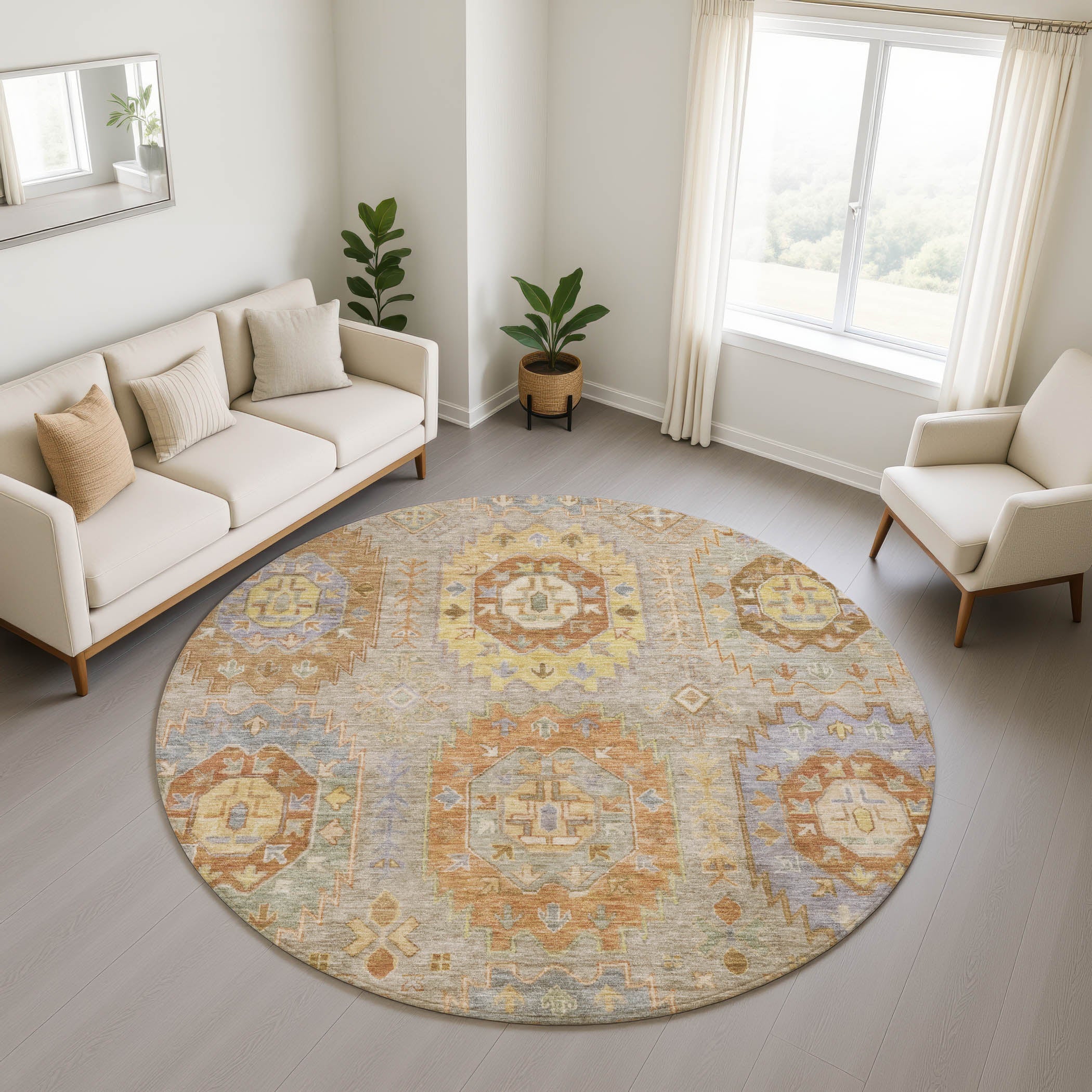 Cairo Machine Washable Traditional Taupe Brown Rug 8' x 8' #shape_Round