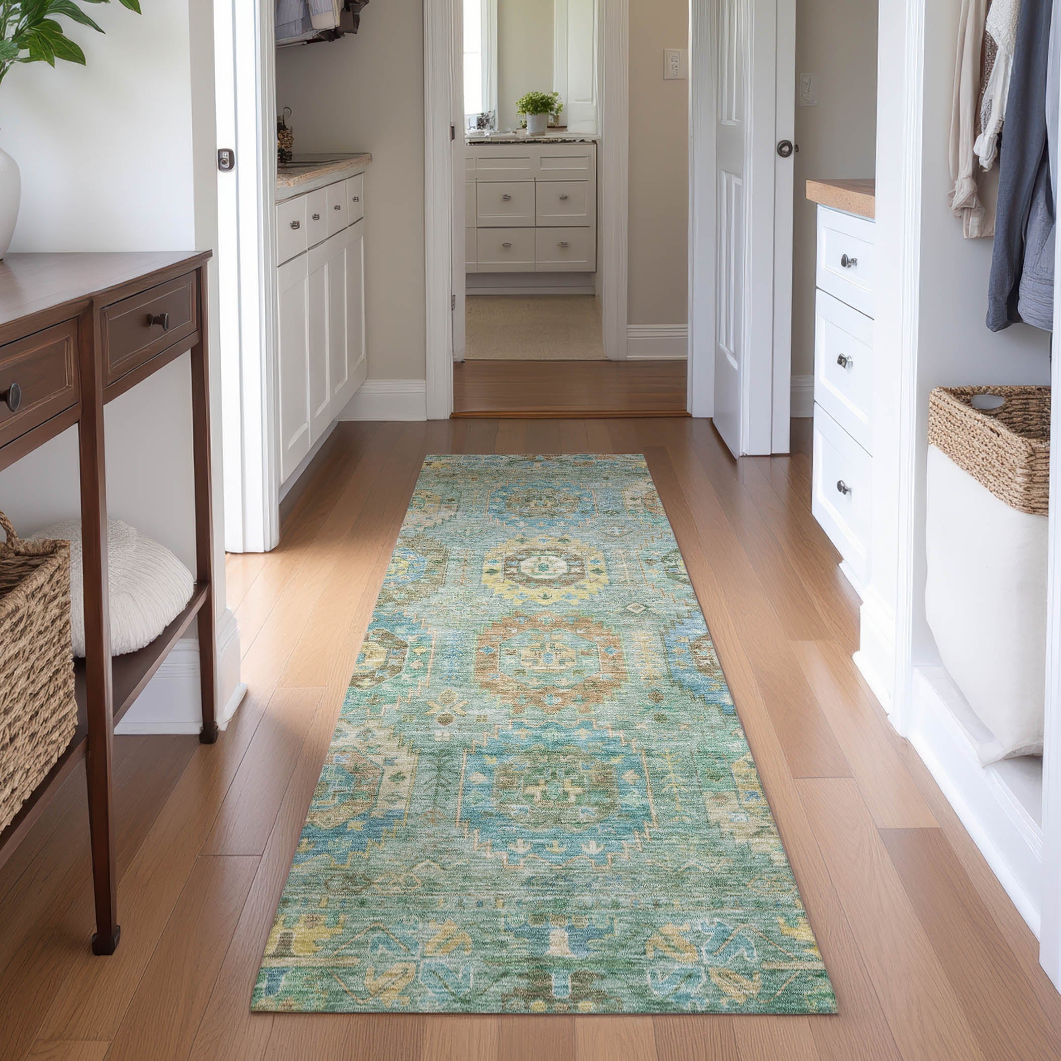 Cairo Machine Washable Traditional Teal Rug 2'3" x 7'6" #shape_Runner