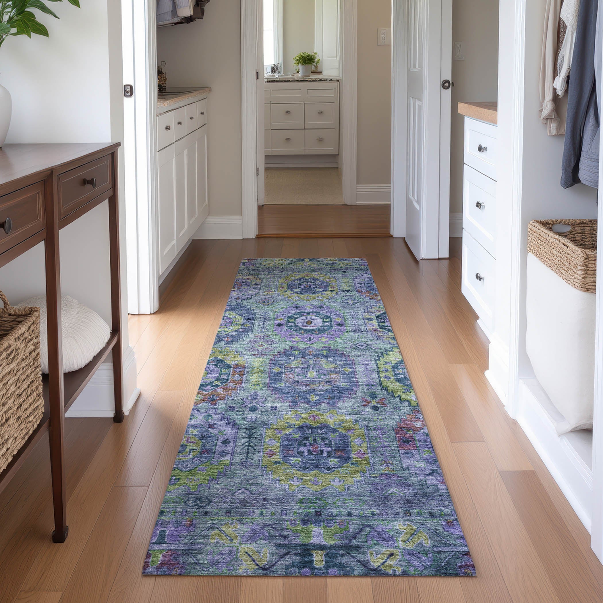 Reykjavik Machine Washable Traditional Green Rug 2'3" x 7'6" #shape_Runner