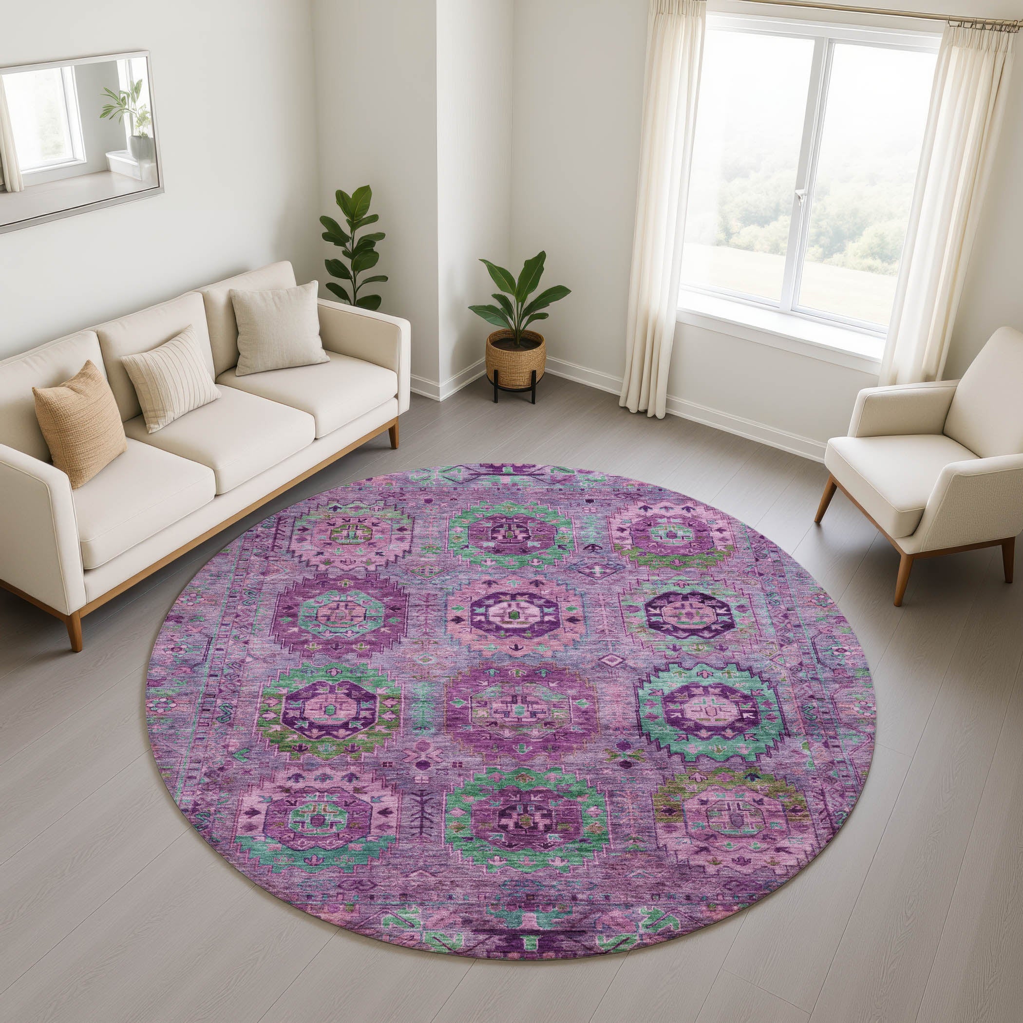 Reykjavik Machine Washable Traditional Purple Rug 8' x 8' #shape_Round