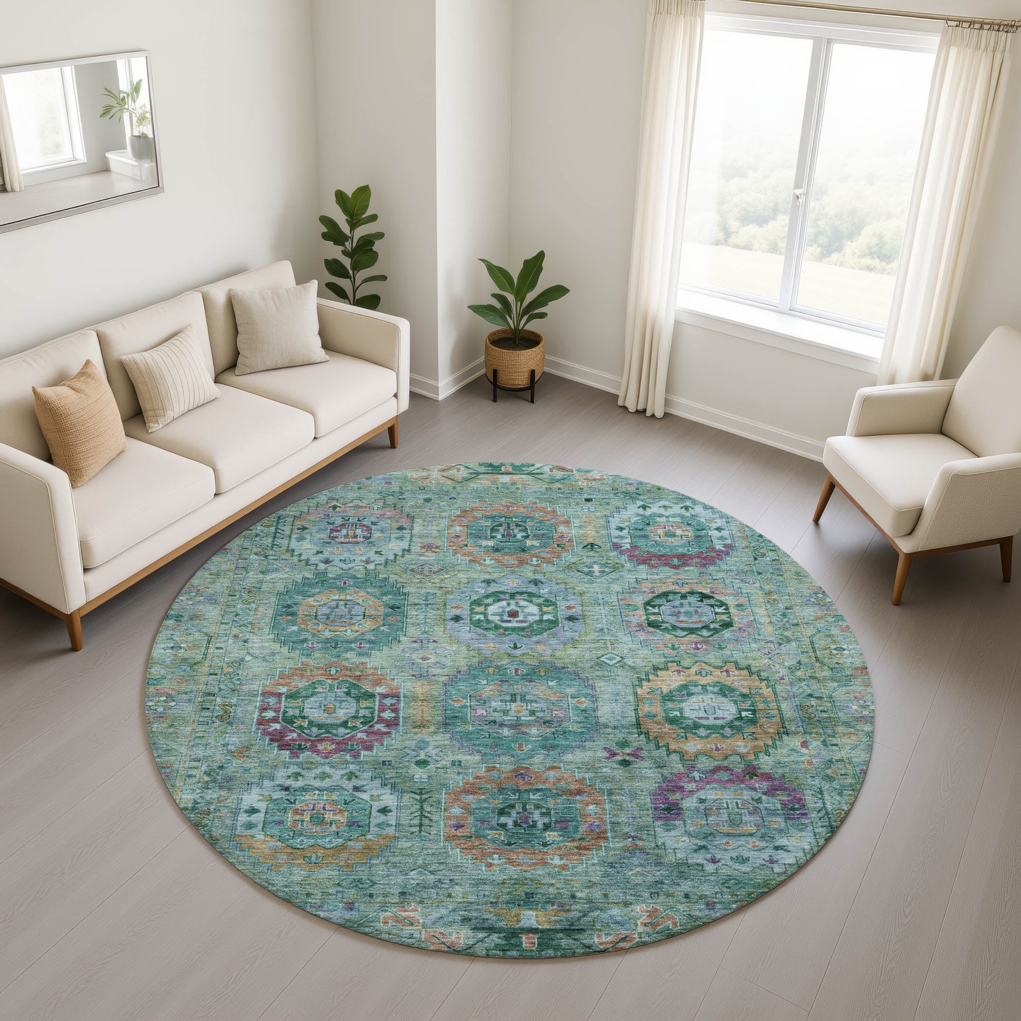 Reykjavik Machine Washable Traditional Teal Rug 8' x 8' #shape_Round