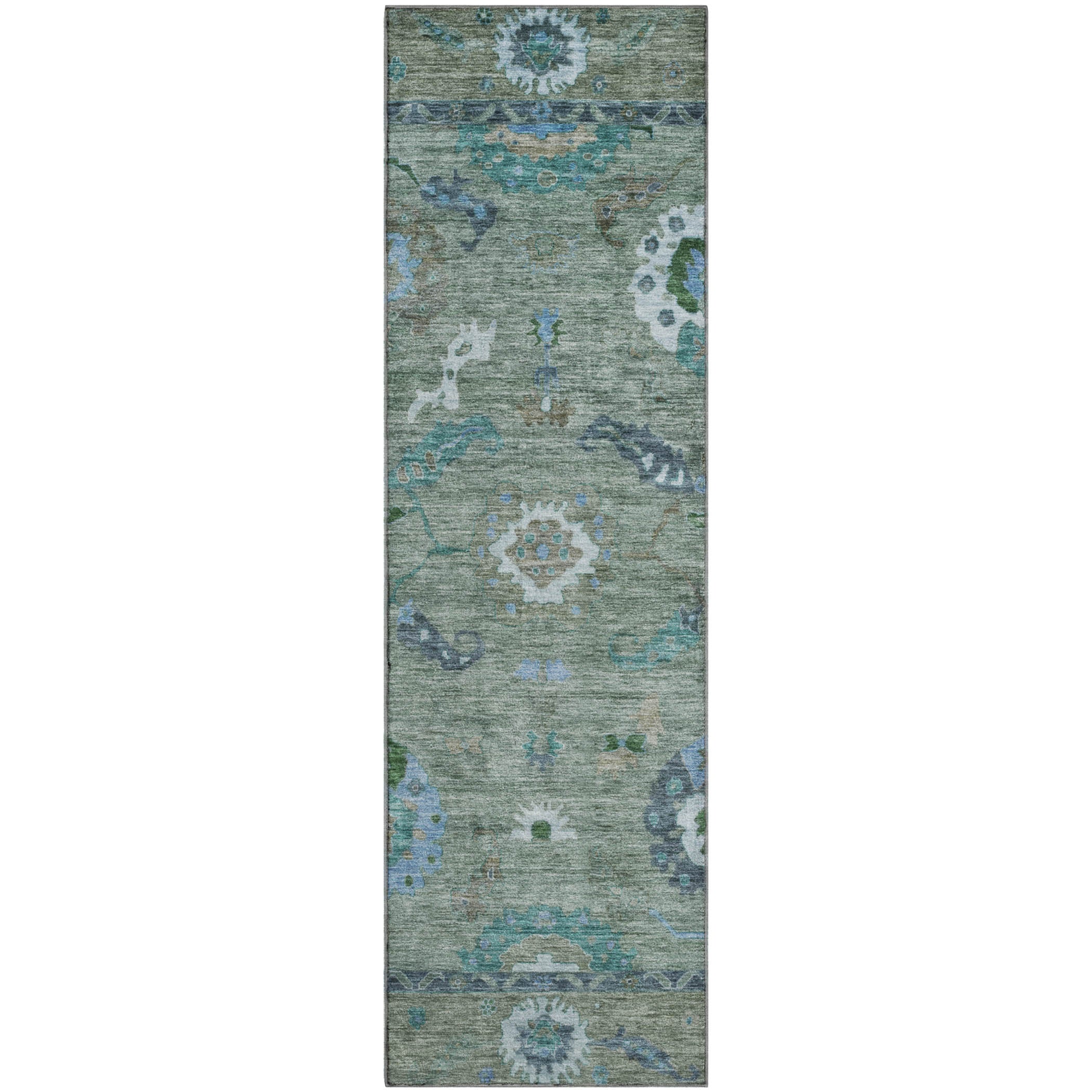 Bern Machine Washable Traditional Aloe Green Rug 2'3" x 7'6" #shape_Runner