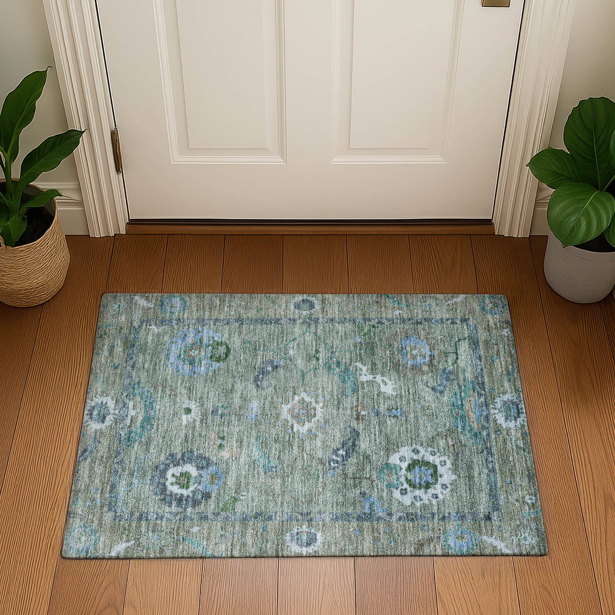 Bern Machine Washable Traditional Aloe Green Rug 1'8" x 2'6" #shape_Rectangle