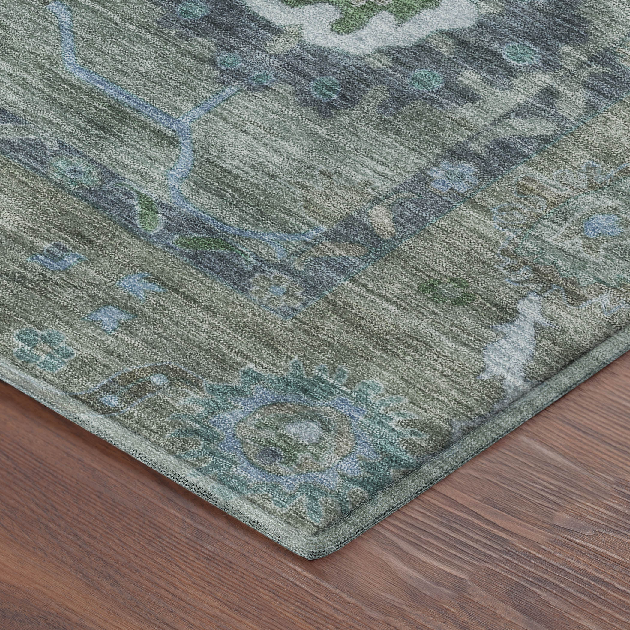 Bern Machine Washable Traditional Aloe Green Rug 1'8" x 2'6" #shape_Rectangle