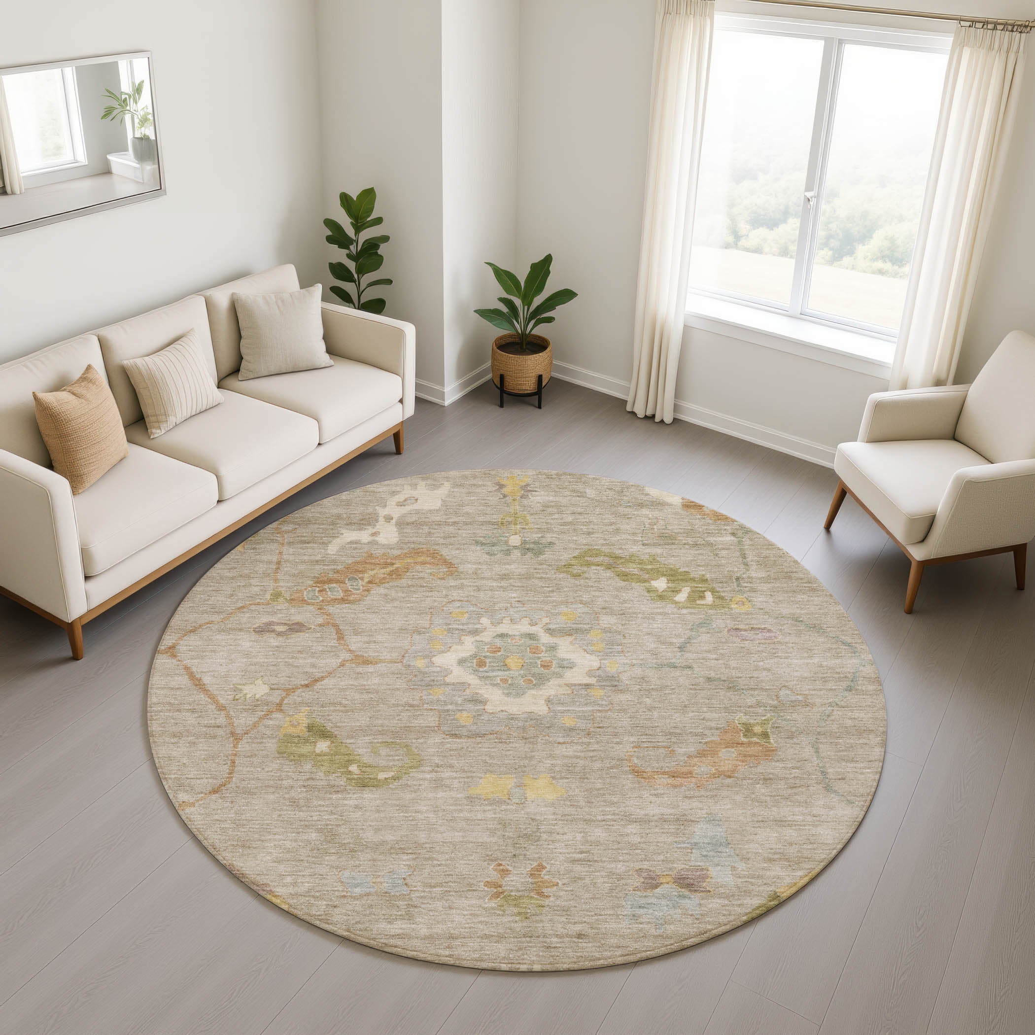 Bern Machine Washable Traditional Khaki Brown Rug 8' x 8' #shape_Round