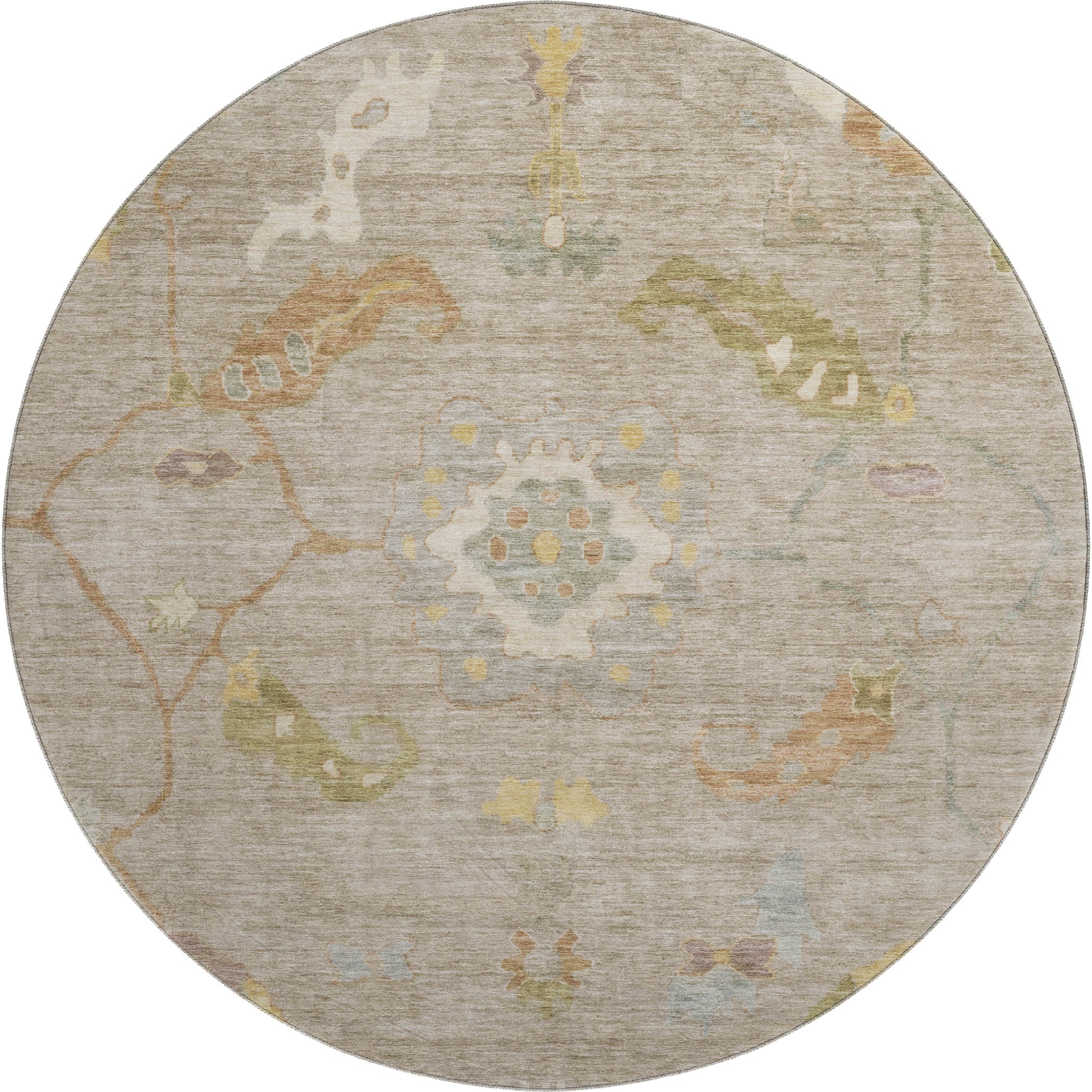 Bern Machine Washable Traditional Khaki Brown Rug 8' x 8' #shape_Round