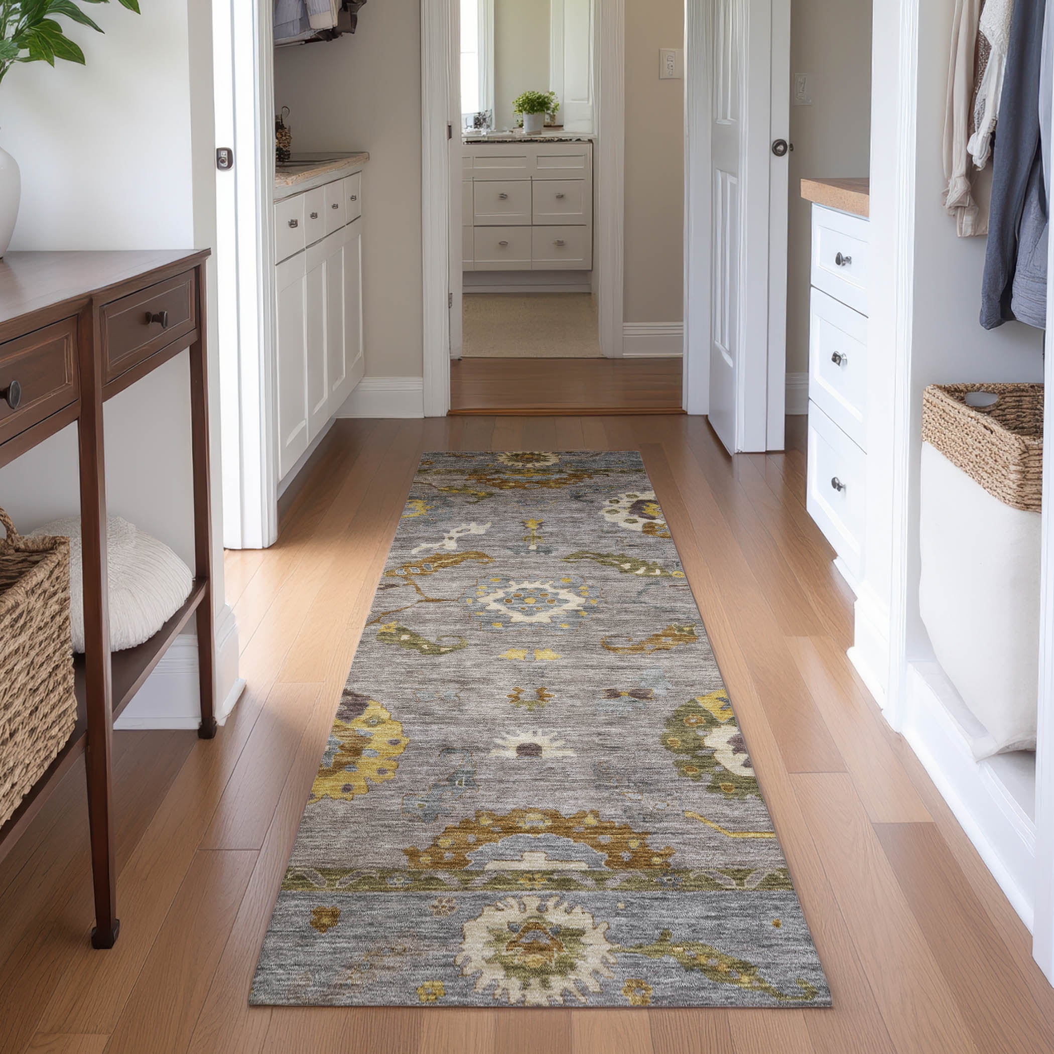 Bern Machine Washable Traditional Pewter Gray Rug 2'3" x 7'6" #shape_Runner