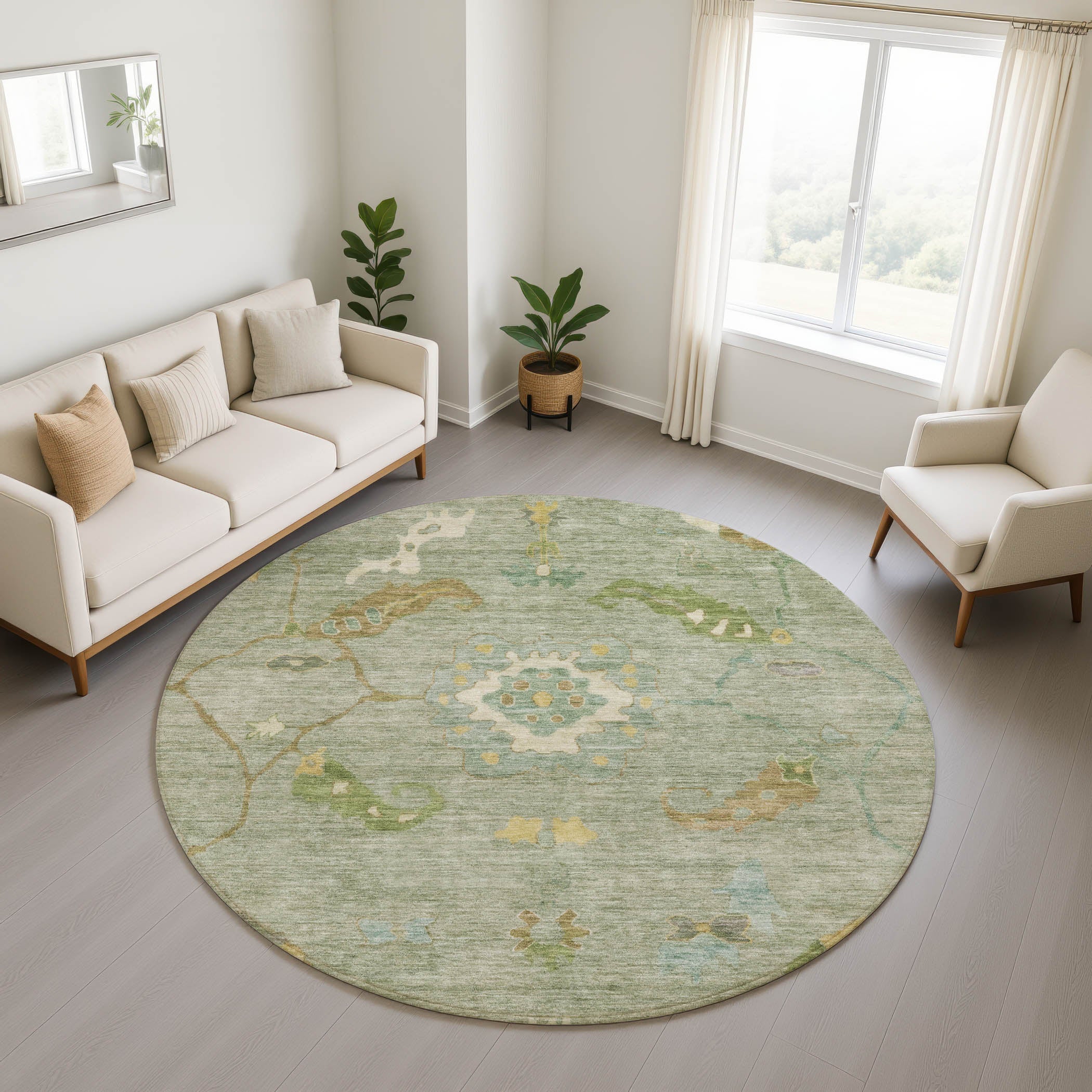 Bern Machine Washable Traditional Sage Green Rug 8' x 8' #shape_Round